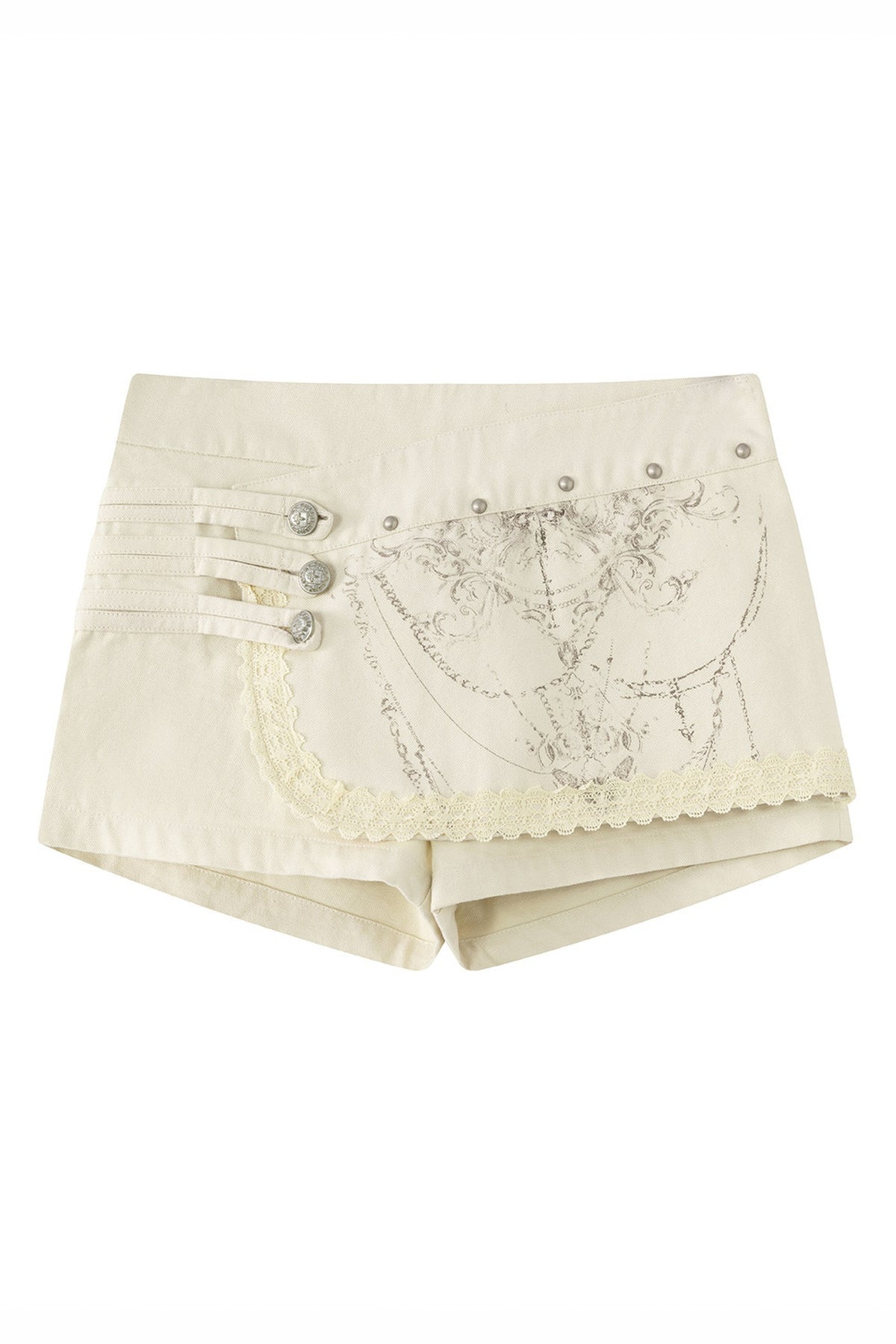 CESTNOUS Chain Totem Lace Graphic Shorts — flat lay · Cream