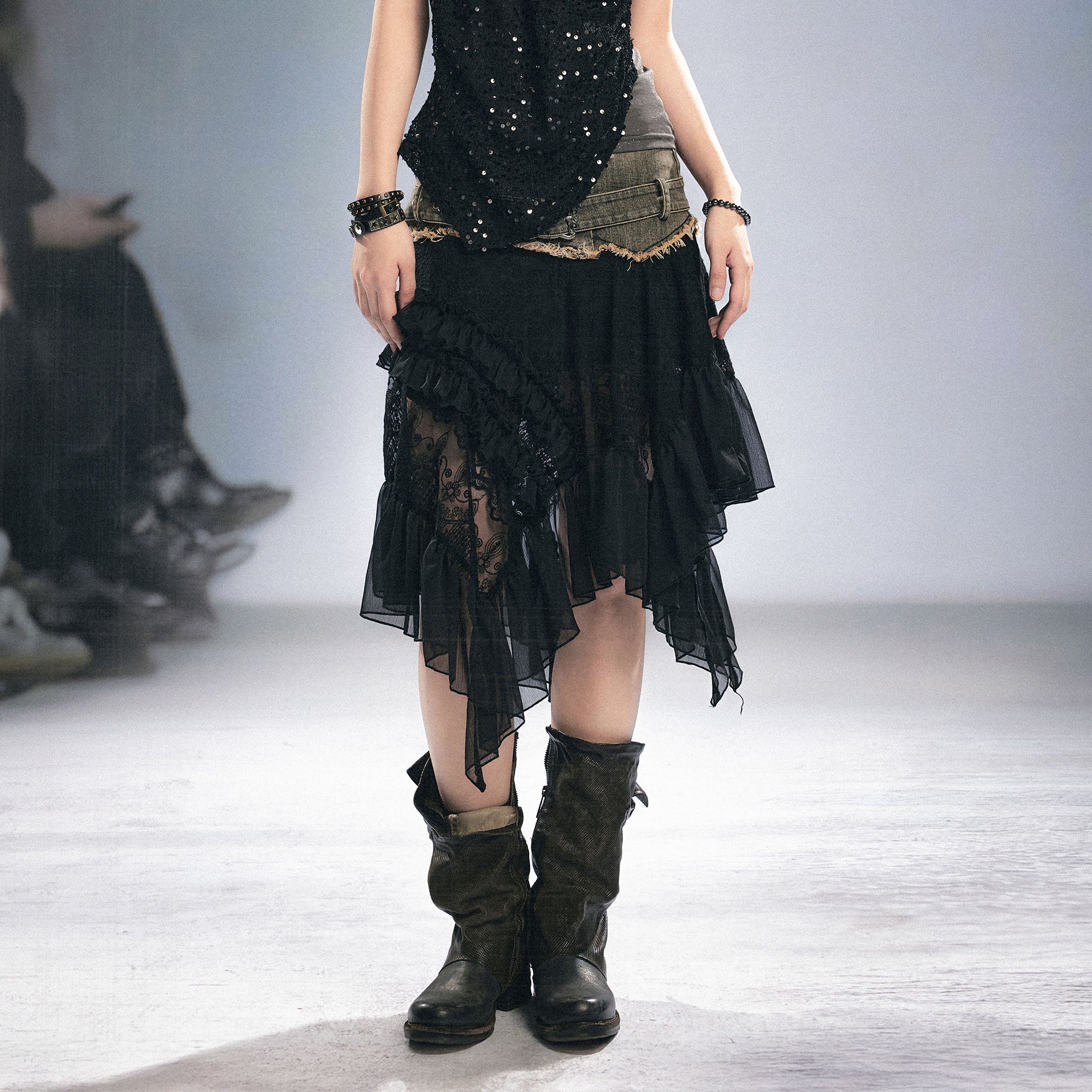 CESTNOUS Denim Belt-Waist Lace Ruffle Asym Skirt
