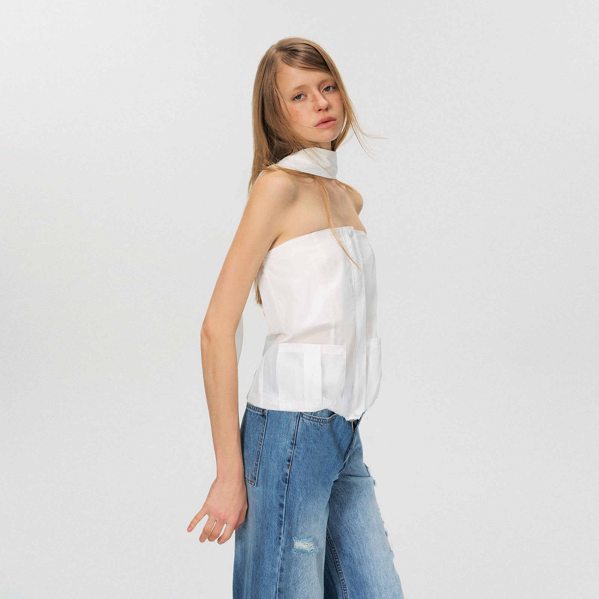 THE NEVERMORE Sheer Strapless Drawstring-Hem Pocket Top