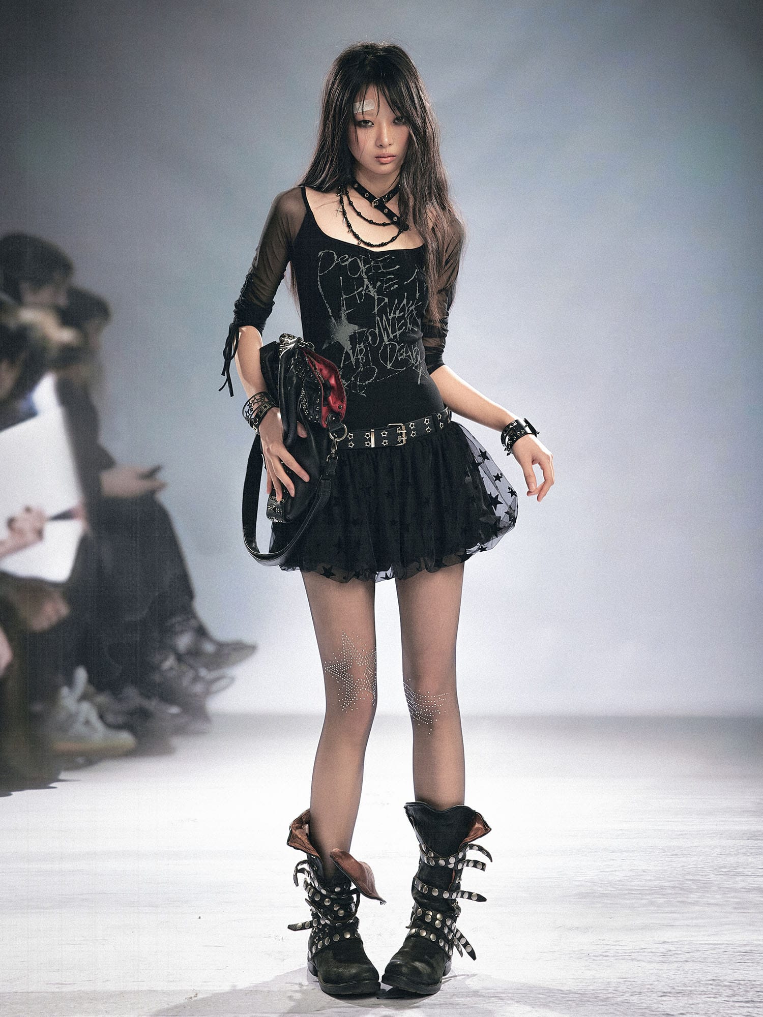 CESTNOUS Sheer-Sleeve Graffiti Mini Dress
