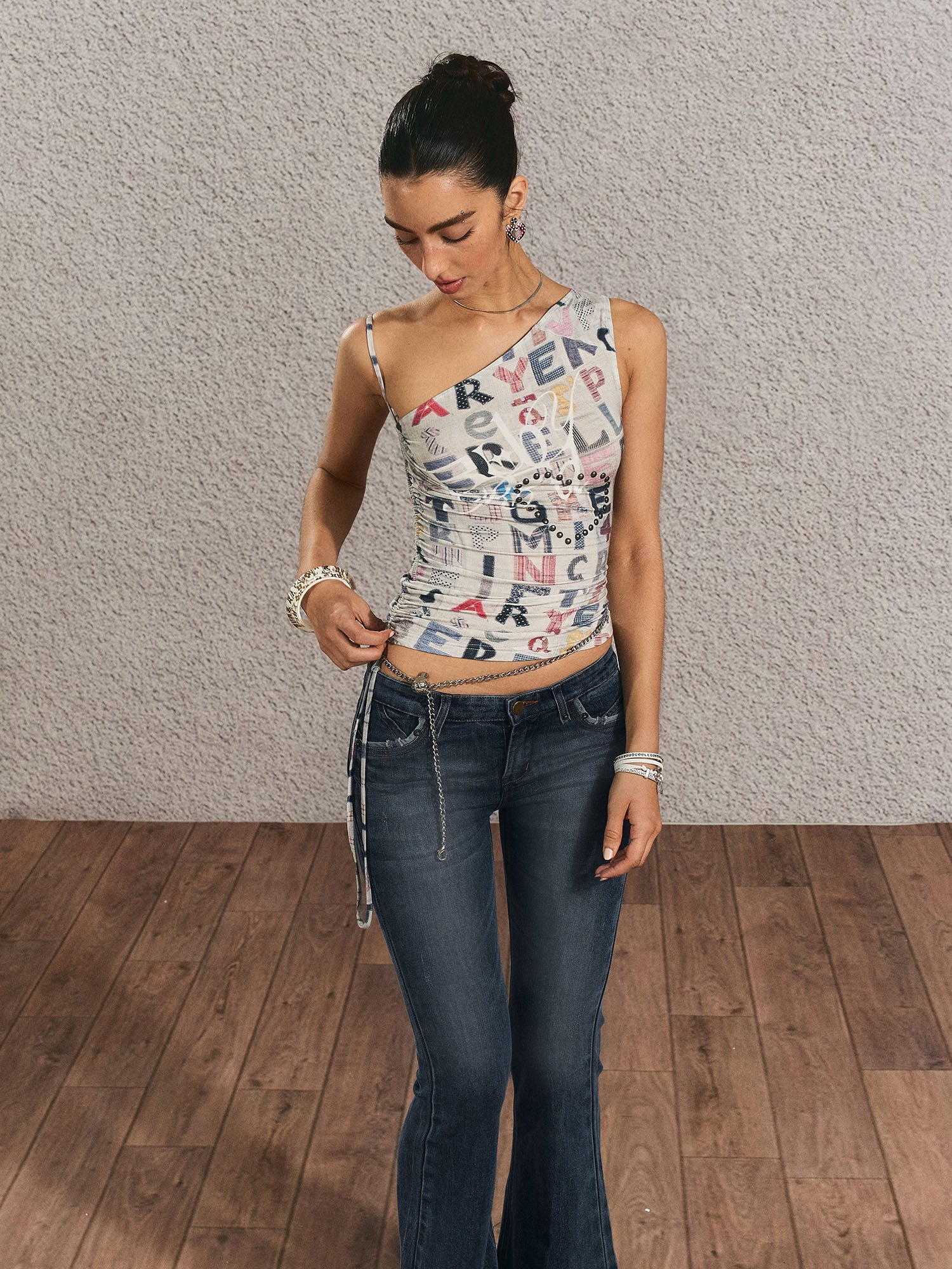 THE NEVERMORE Asymmetrical Side Drawstring Full-Print Top