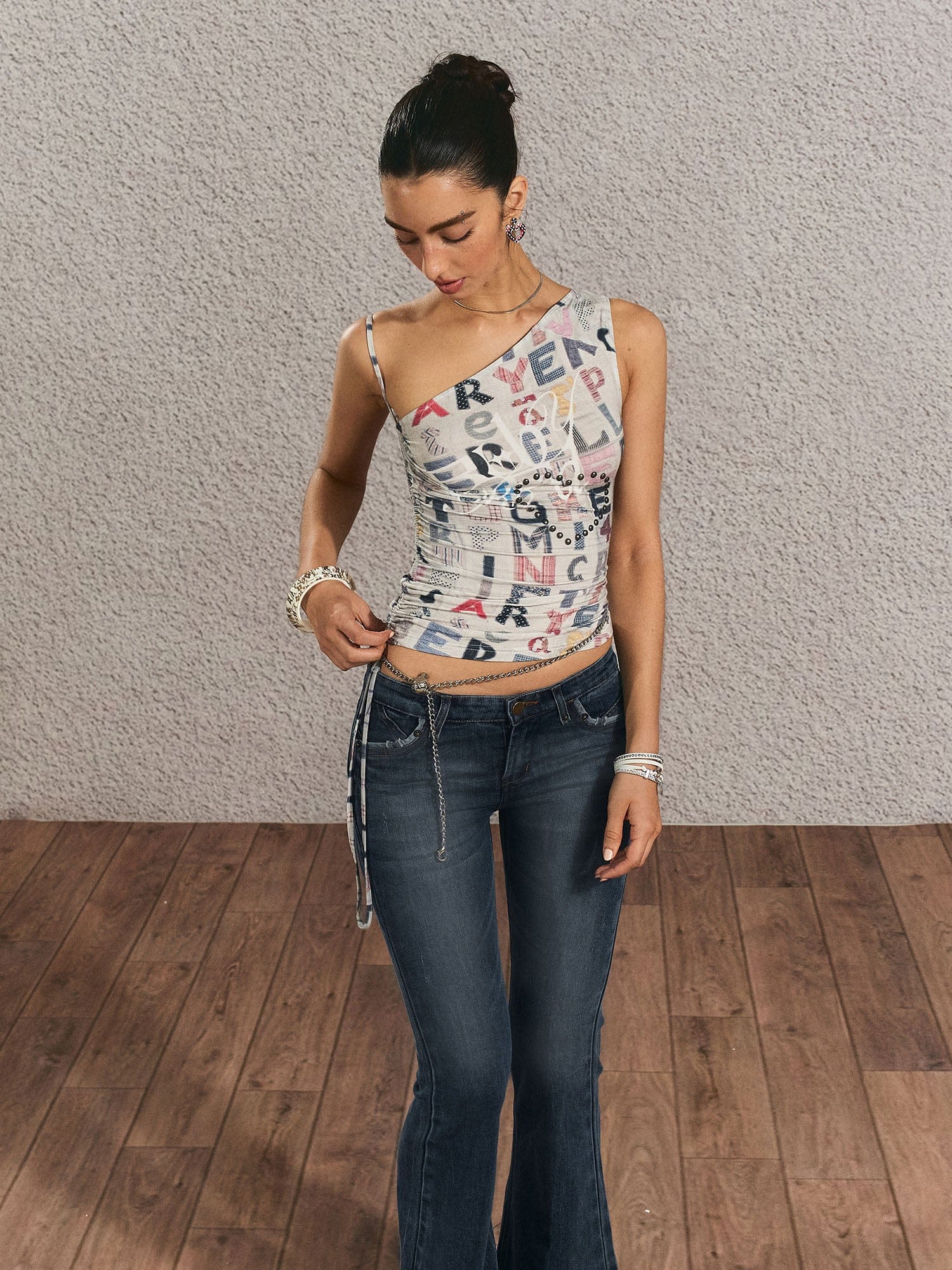 THE NEVERMORE Asymmetrical Side Drawstring Full-Print Top