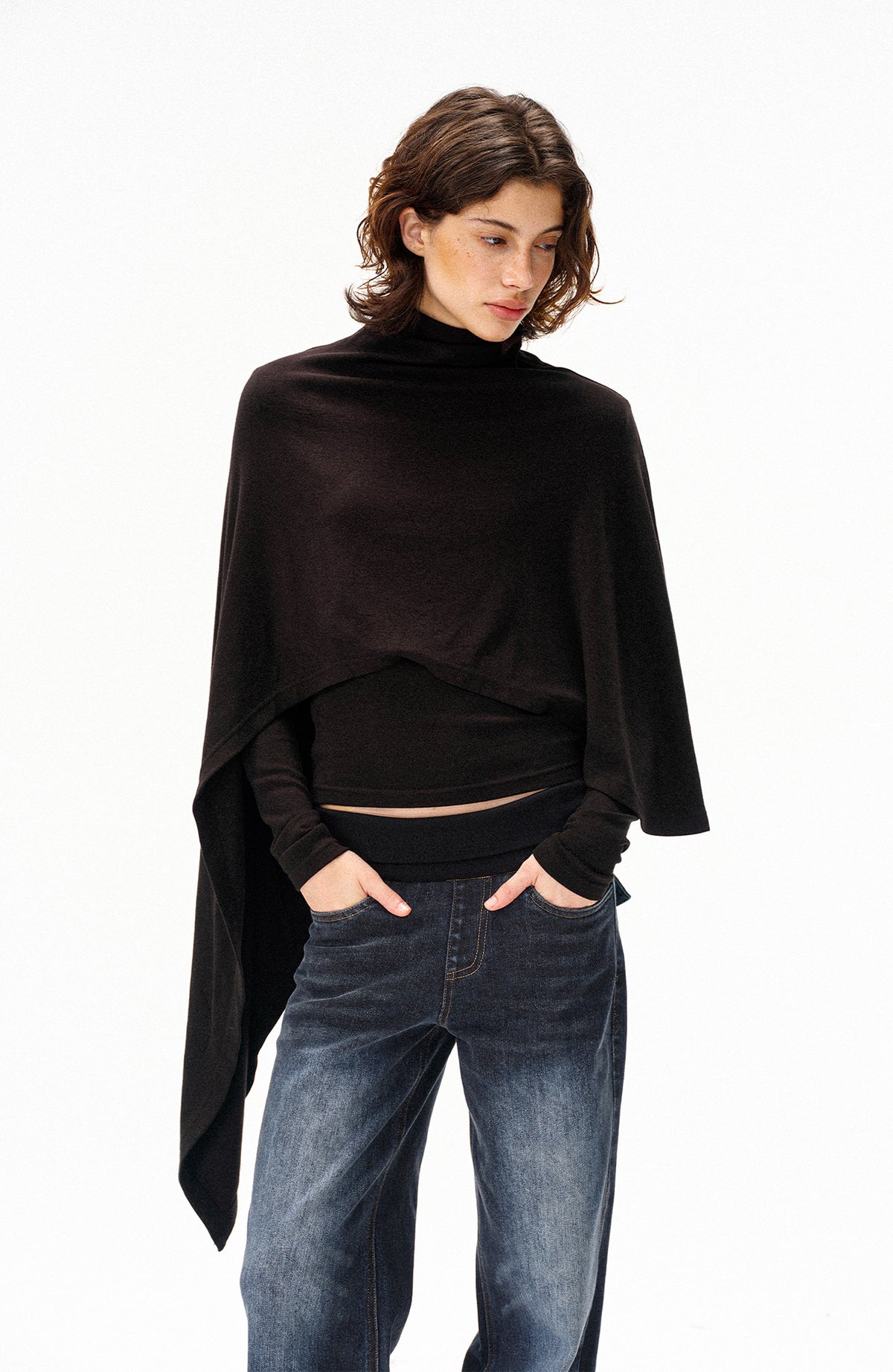 COSTUSTOOT Cape-Style Asymmetric Layered Knit Long-Sleeve Tee