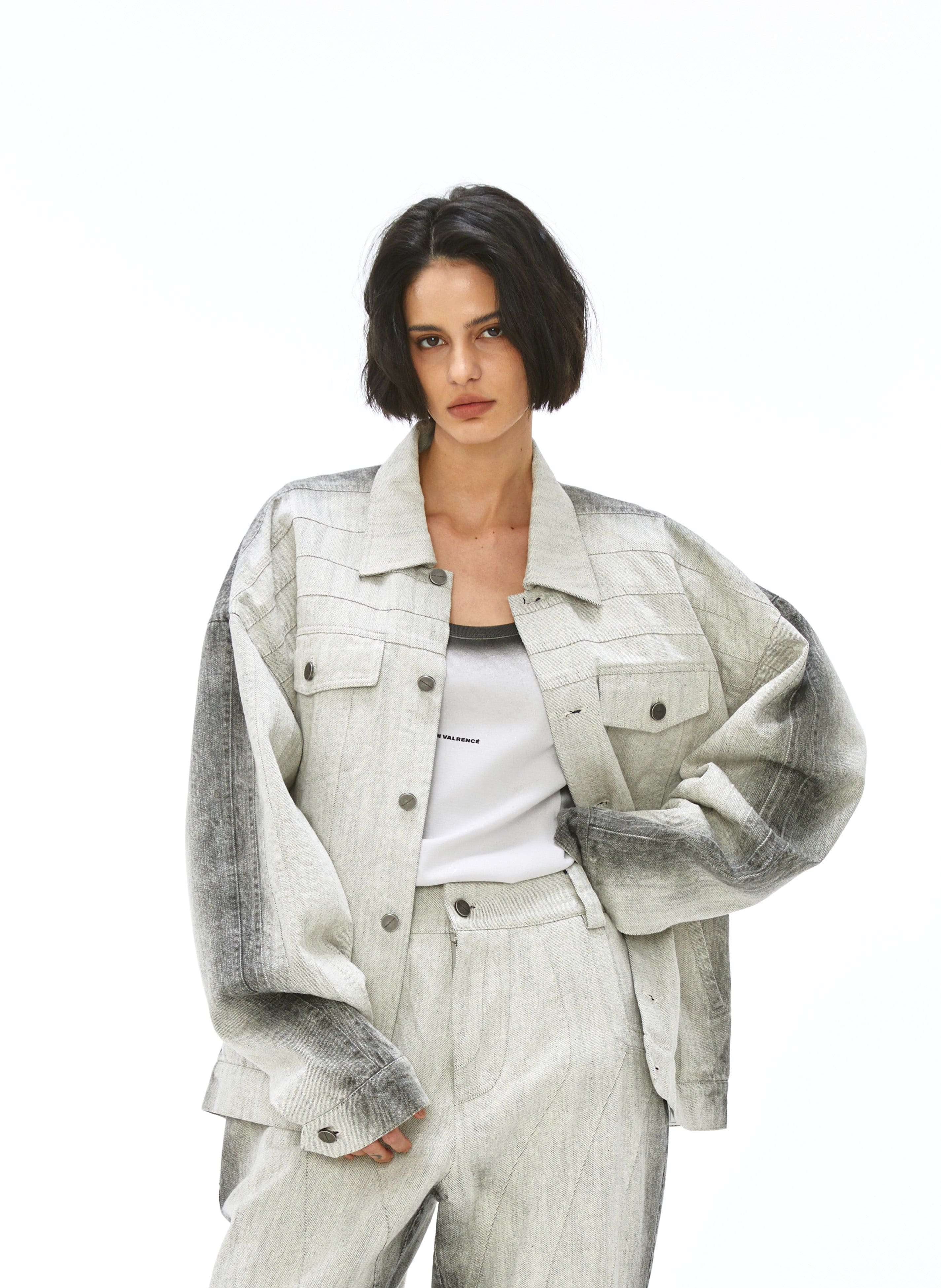 VANN VALRENCE Structured Panel Gradient Sleeve Washed Denim Jacket, premium urban and streetwear designers apparel on PROJECTISR.com, VANN VALRENCE
