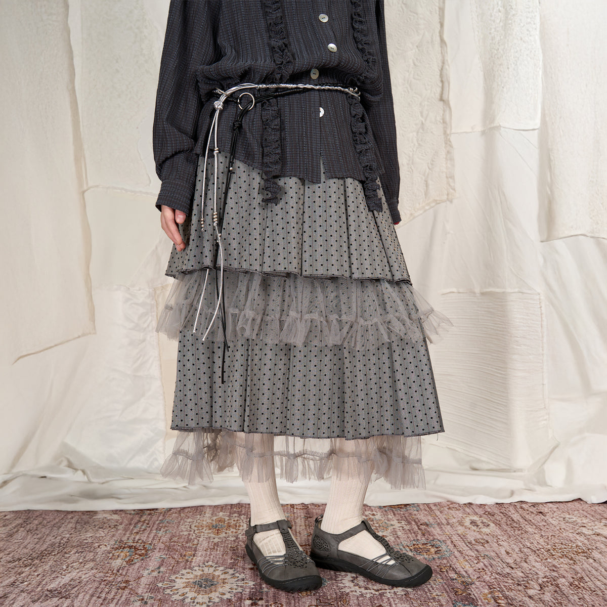 HSUSE Polka Dot Pleated Mesh Midi Skirt