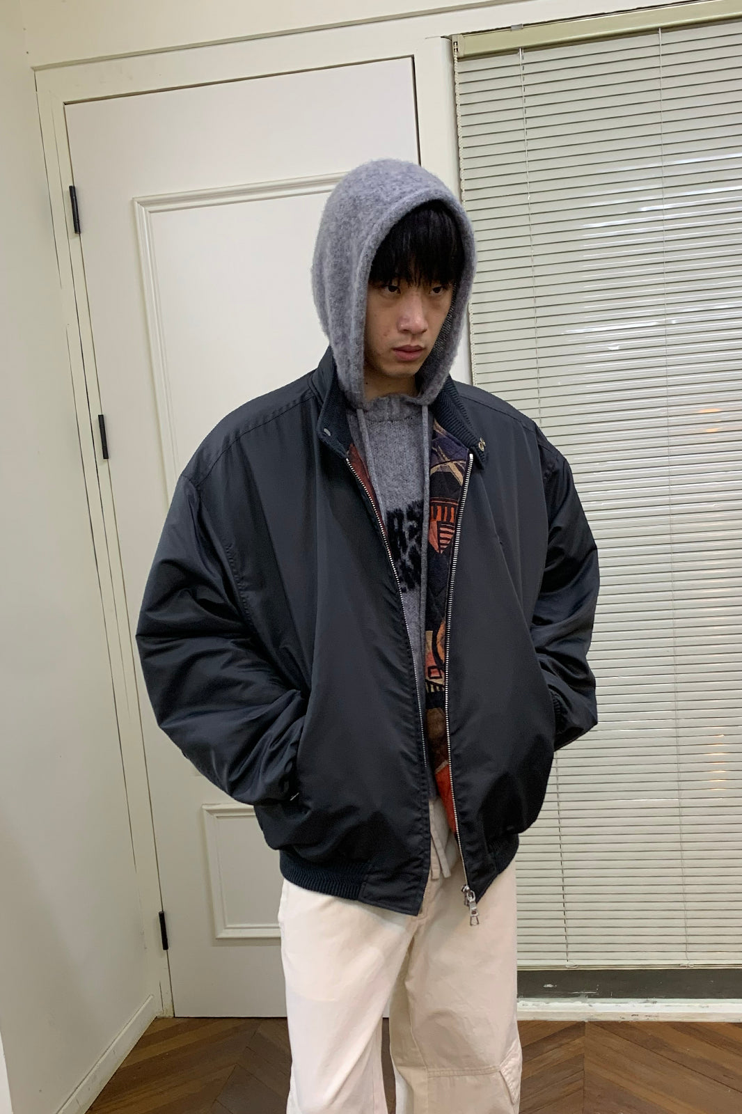 NEVERSEEZ Graphic-Lining Embroidered-Flower Bomber Jacket