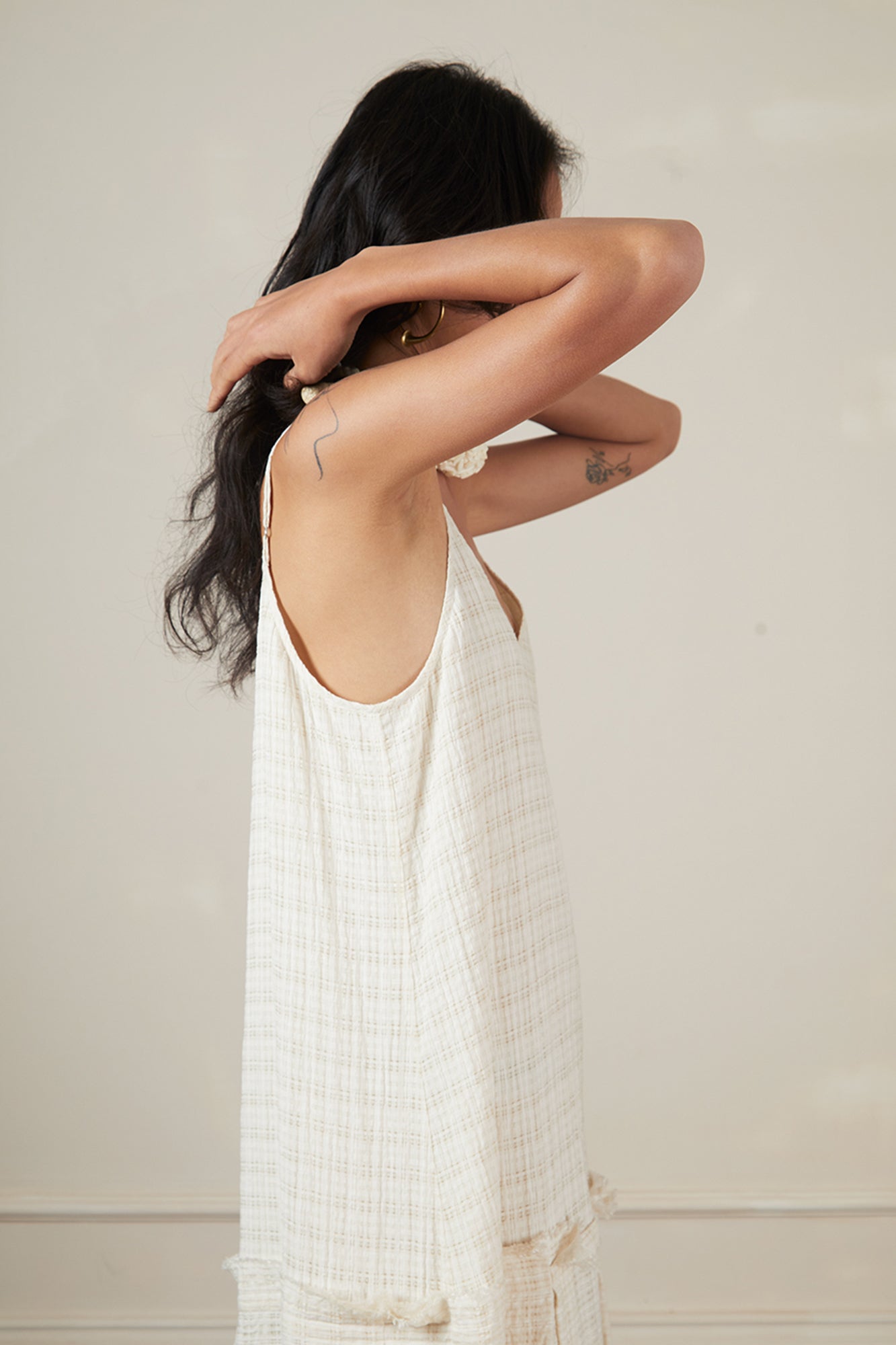 CAIRA Crinkled Frayed Seam Drop-Waist Maxi Dress