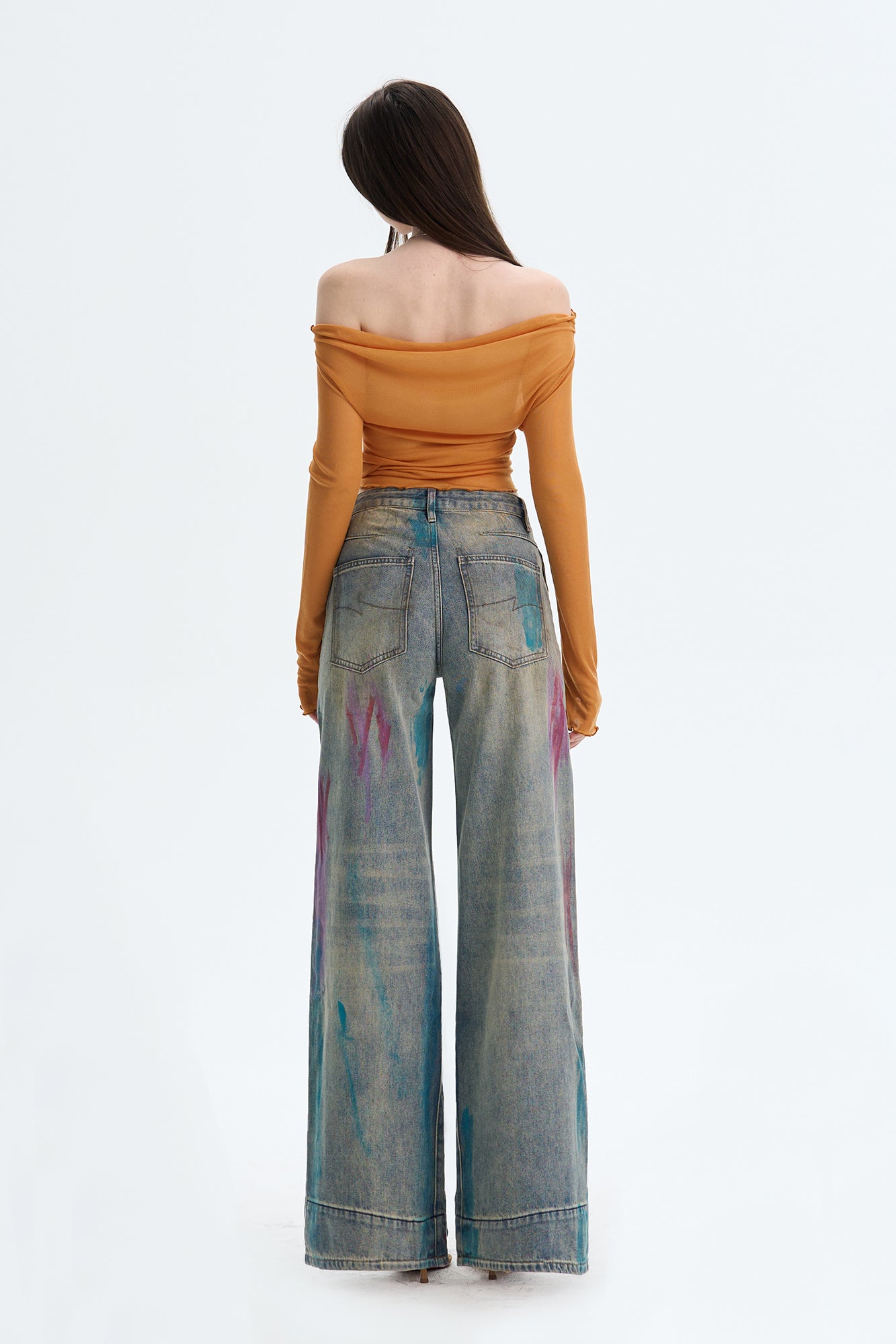 THE NEVERMORE Distressed Graffiti-Wash Wide-Leg Jeans