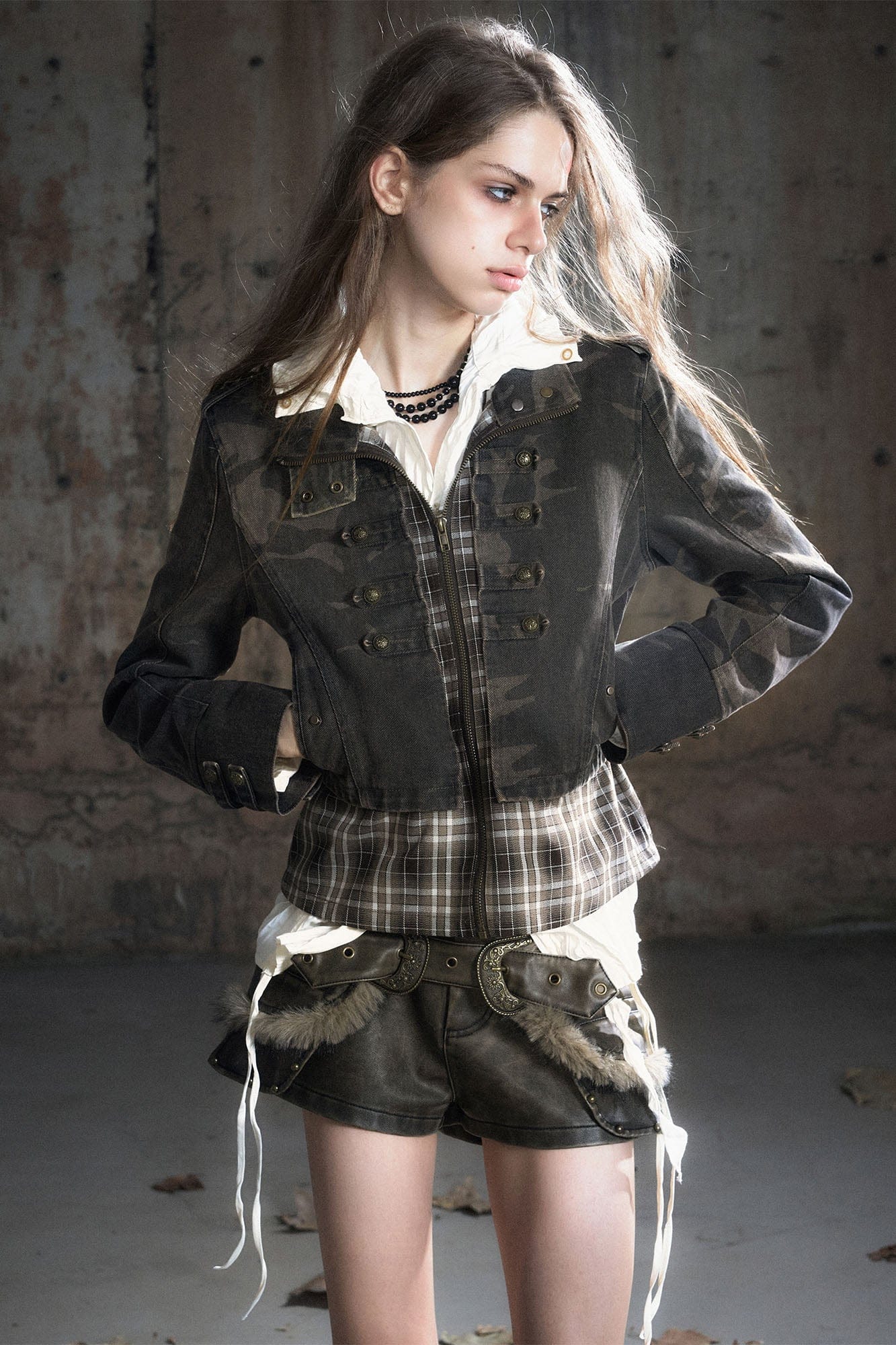 CESTNOUS Washed Camo Layered Cropped Jacket