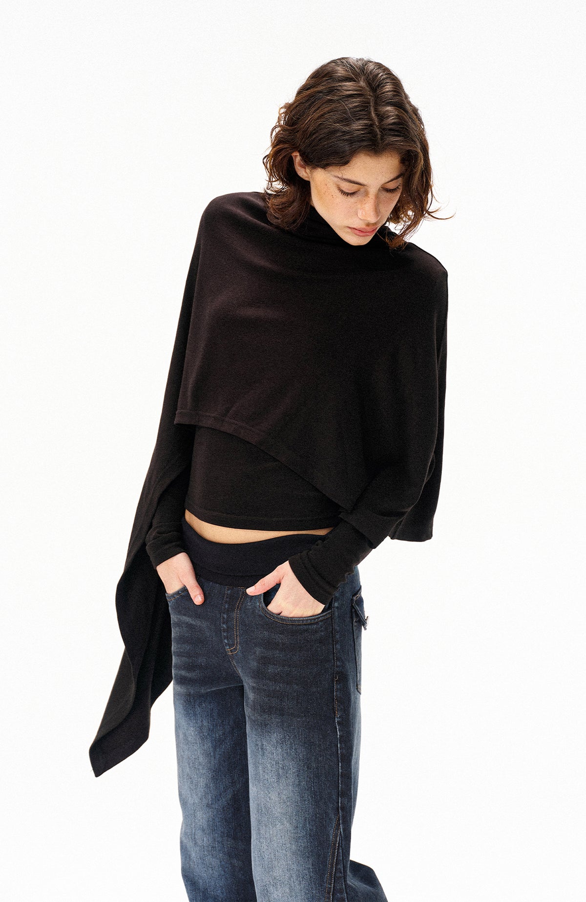 COSTUSTOOT Cape-Style Asymmetric Layered Knit Long-Sleeve Tee