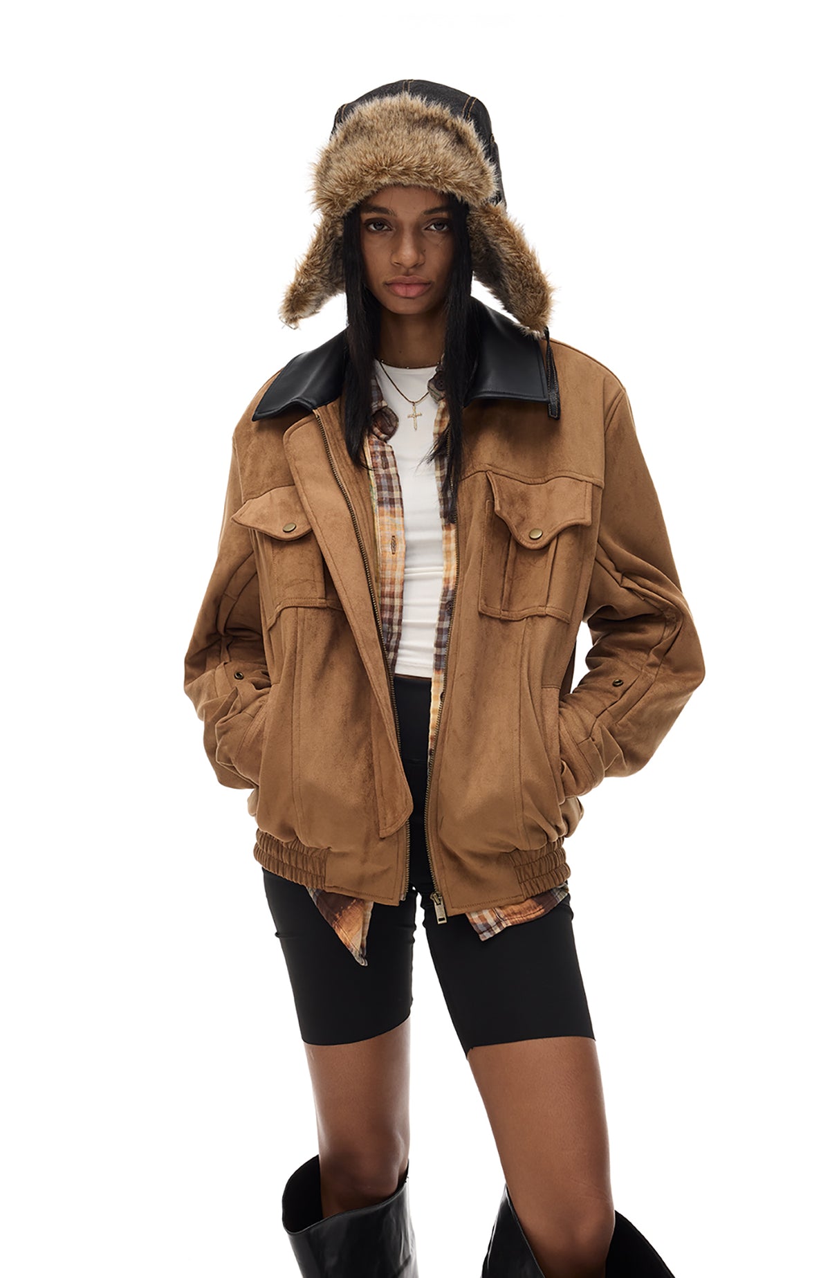 COSTUSTOOT Contrast-Collar Suede Oversized Big-Pocket Jacket