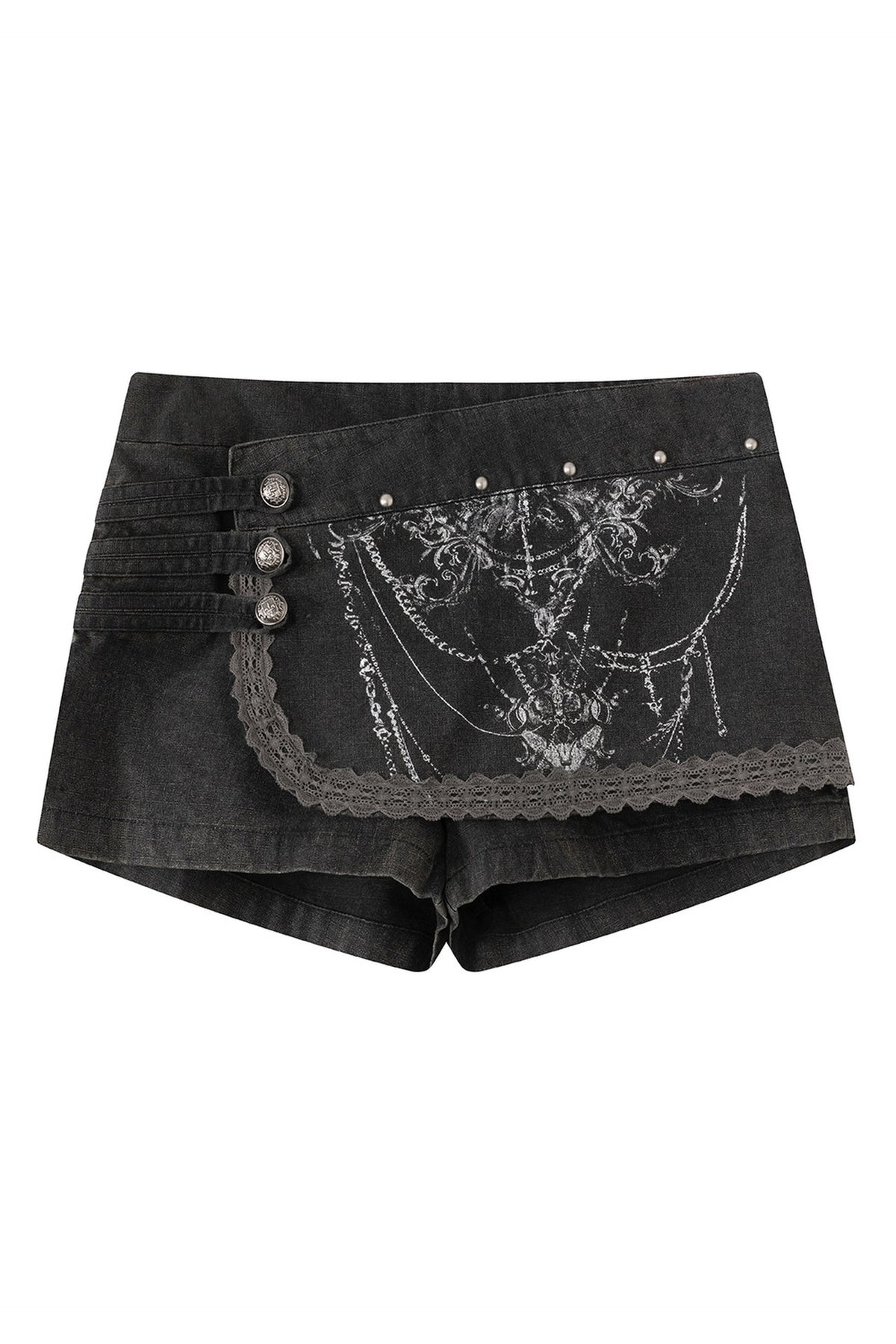 CESTNOUS Chain Totem Lace Graphic Shorts — flat lay · Washed Black