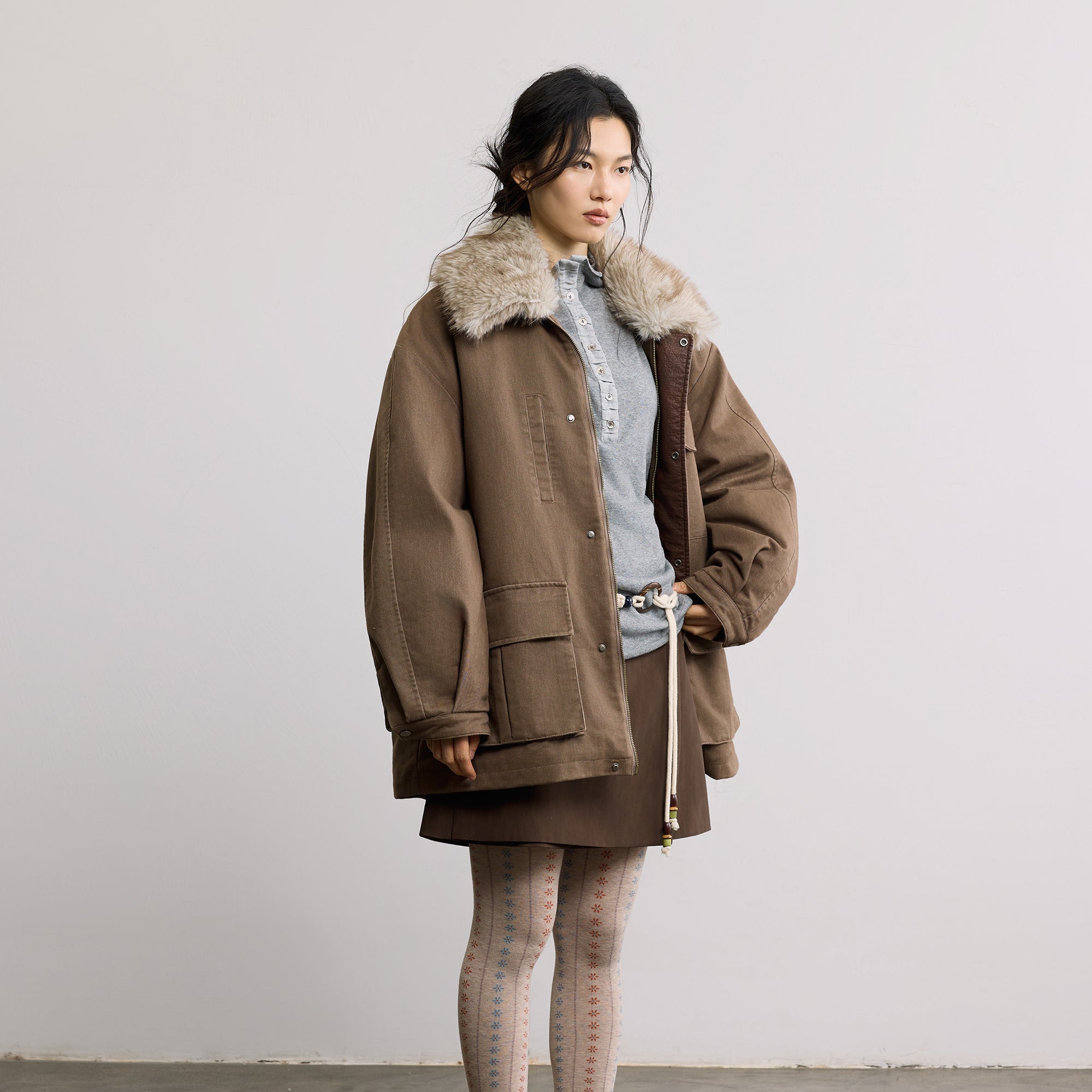 SAME FLOW Faux Fur Collar Oversized Utility Jacket