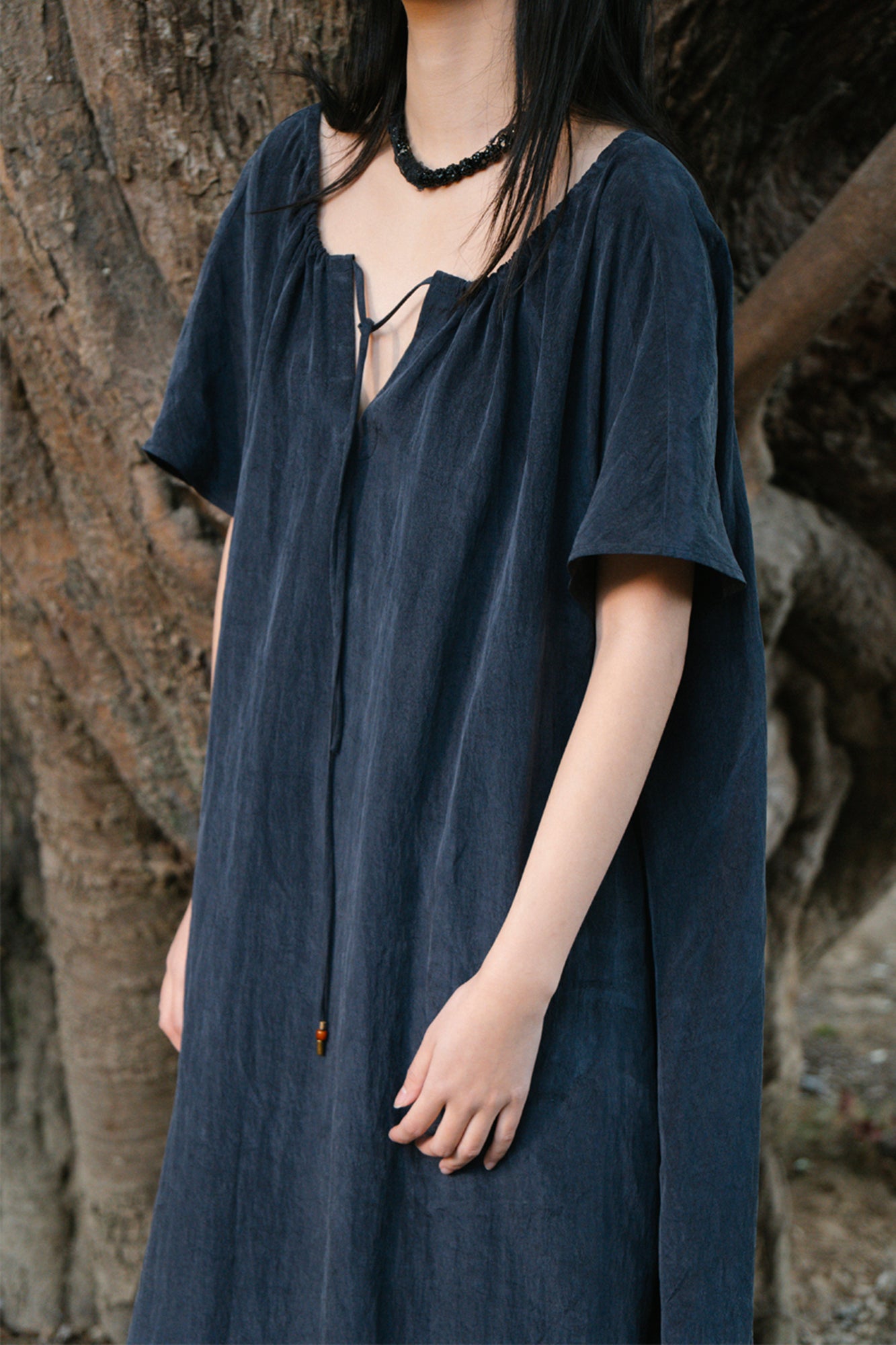 CAIRA Washed Drawstring Neck Maxi Dress