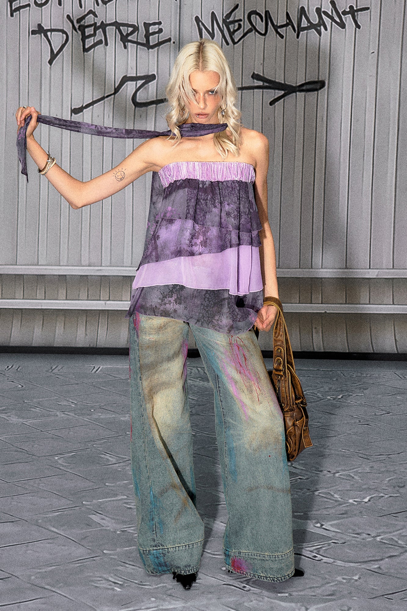 THE NEVERMORE Distressed Graffiti-Wash Wide-Leg Jeans