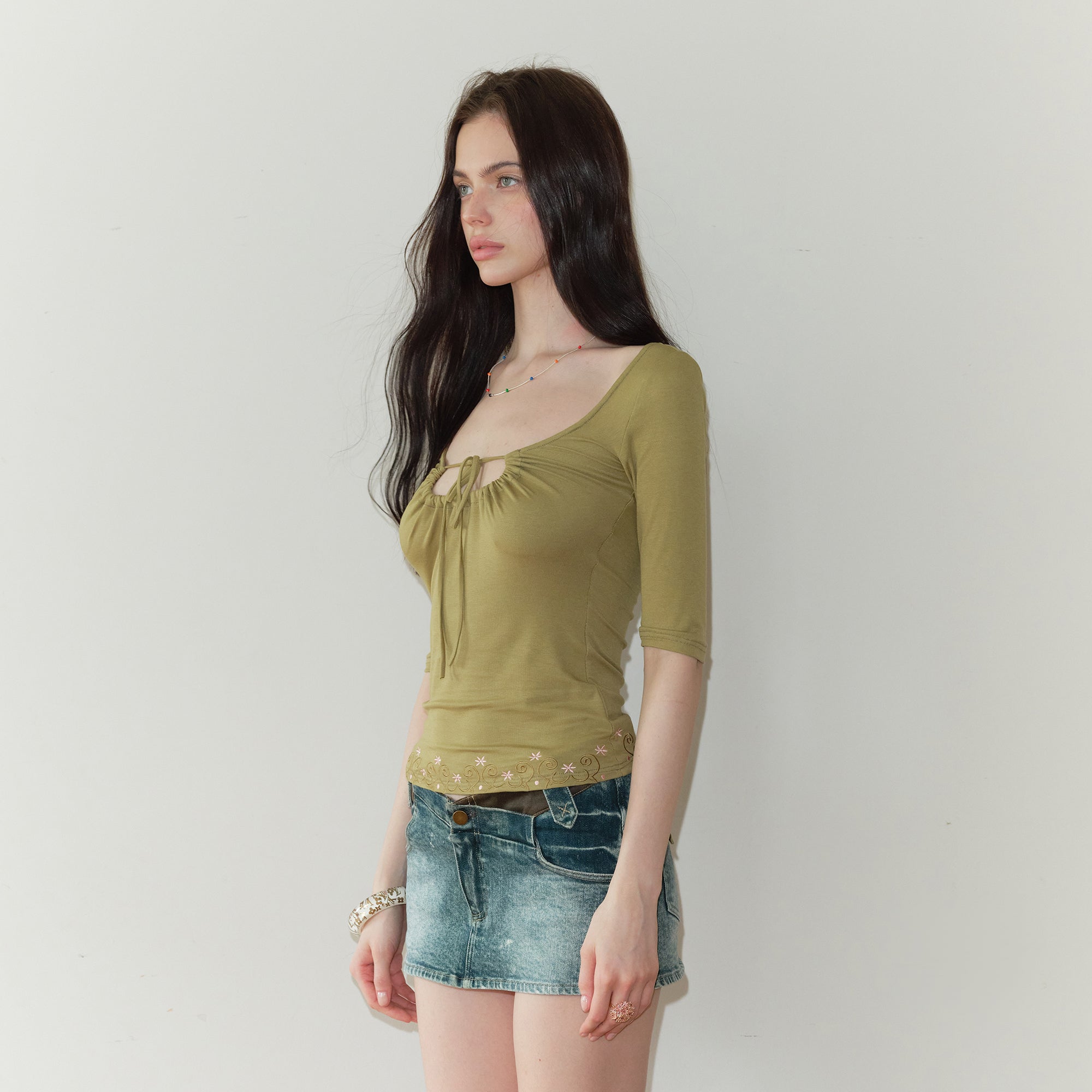 THE NEVERMORE Gathered Keyhole Ruched Embroidered Top