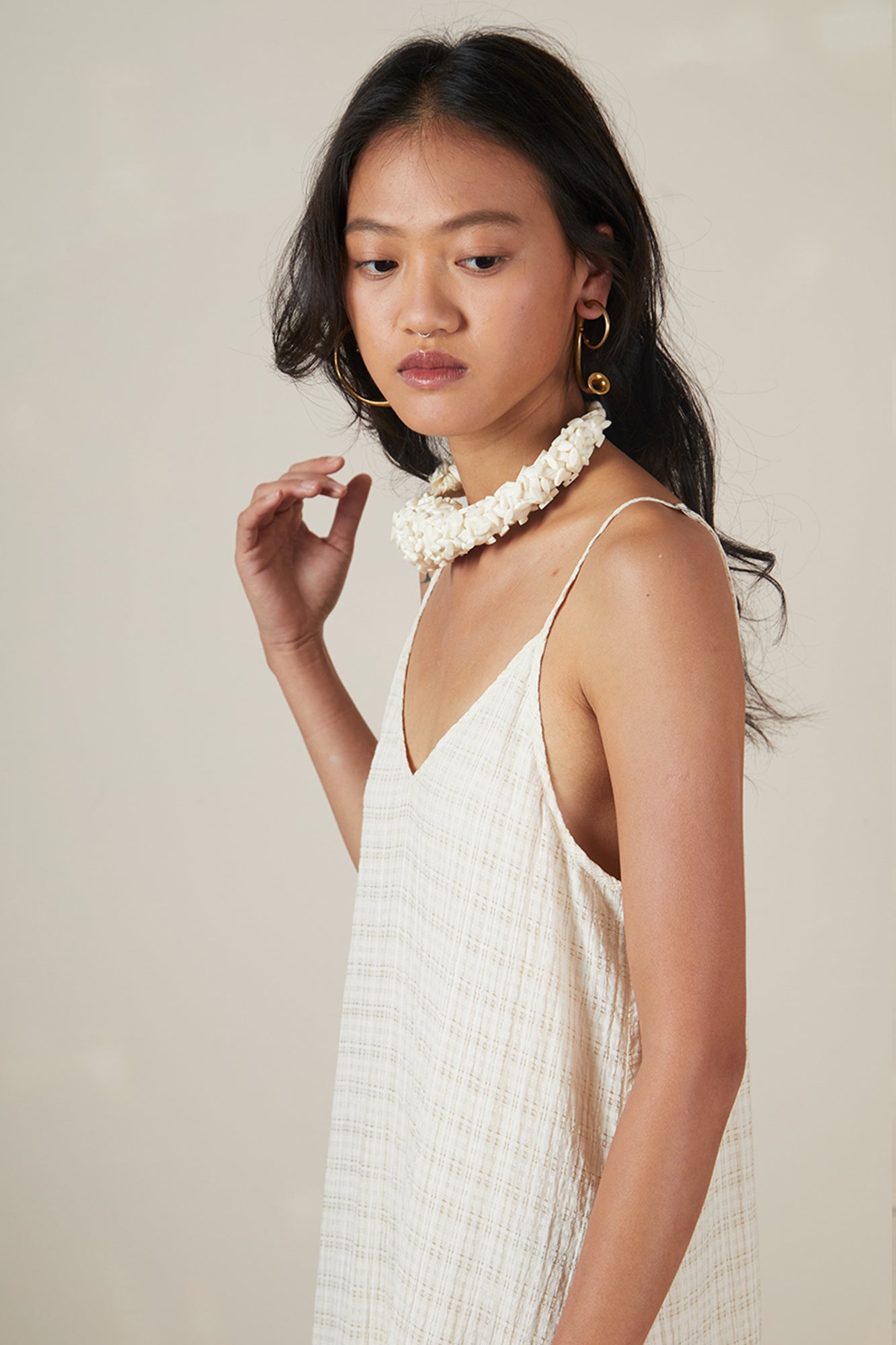 CAIRA Crinkled Frayed Seam Drop-Waist Maxi Dress