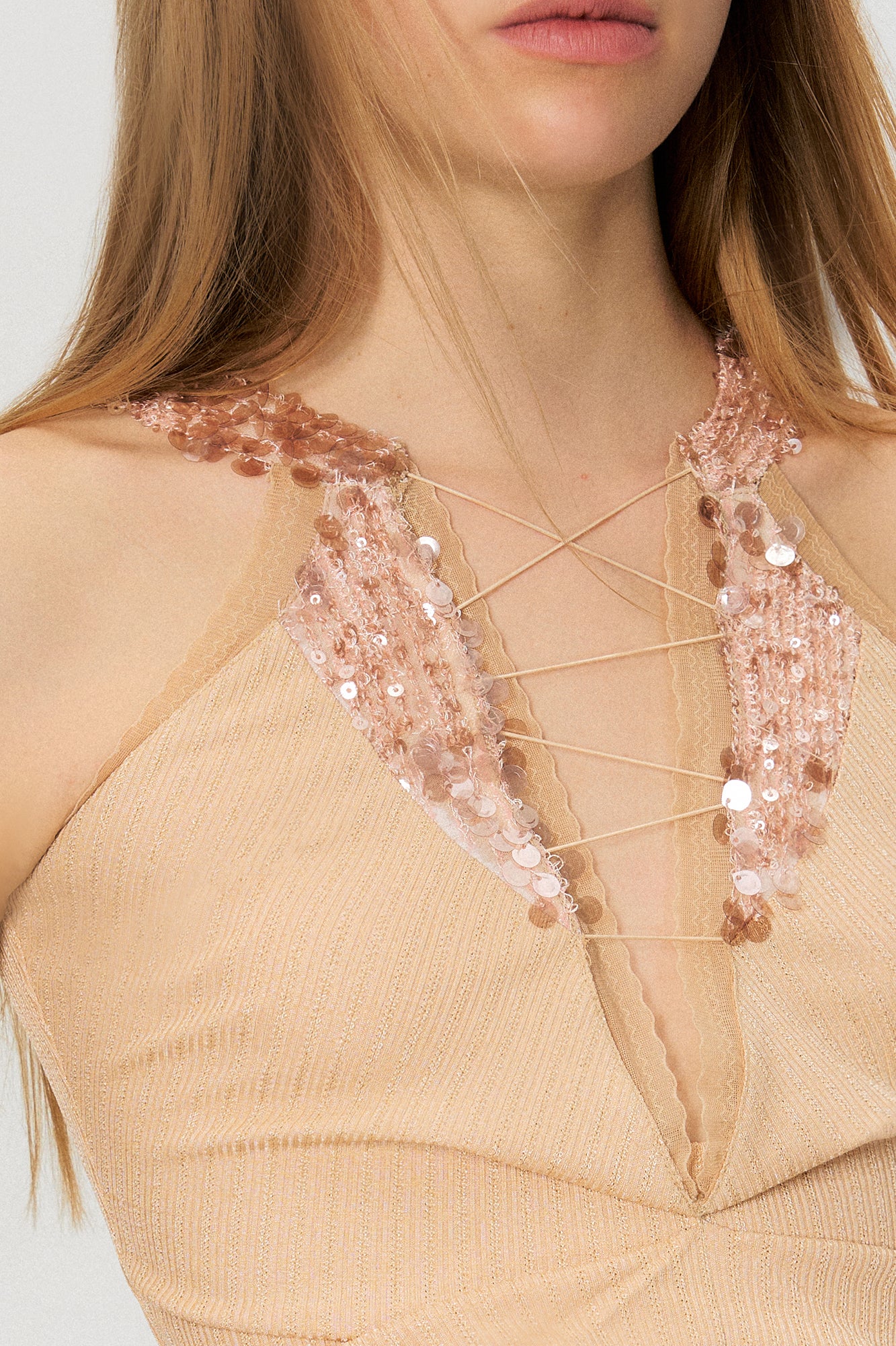 THE NEVERMORE Sequin Lace-Up Plunge Halter Knit Top