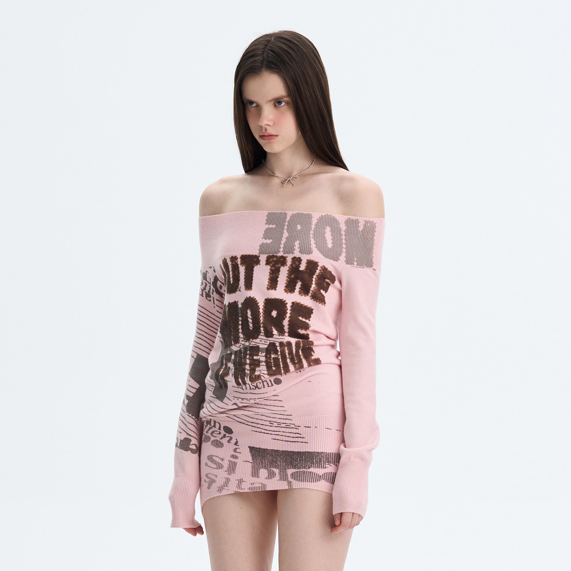 THE NEVERMORE Graphic Off-Shoulder Knit Mini Dress