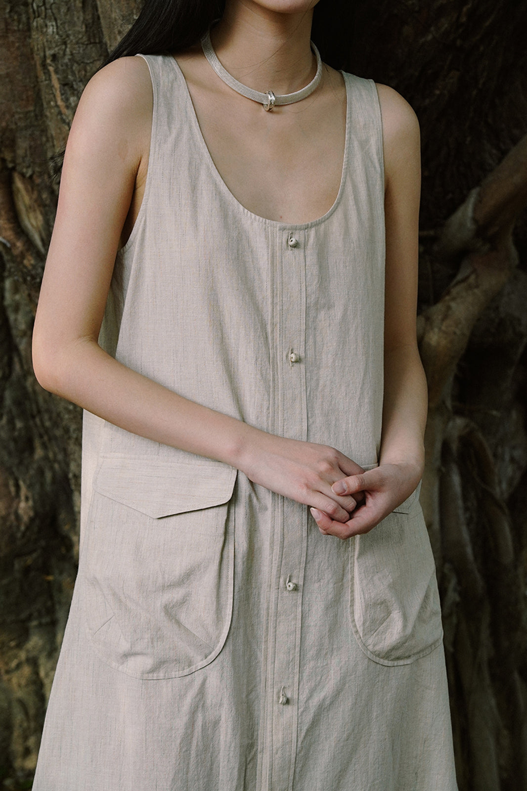 CAIRA Utility Pocket Button-Front Maxi Dress