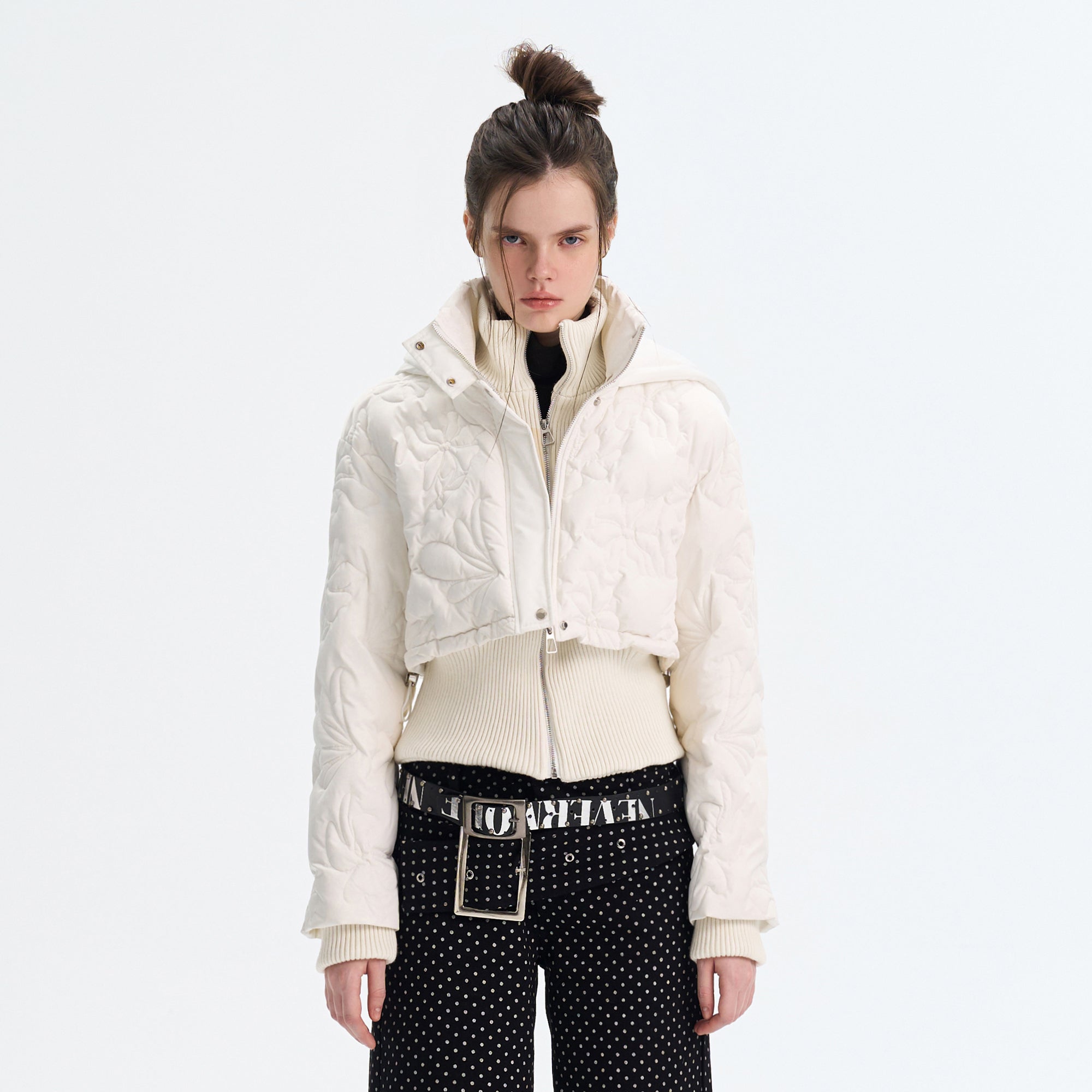 THE NEVERMORE Floral Quilted Mock-Layered Cropped Down Jacket