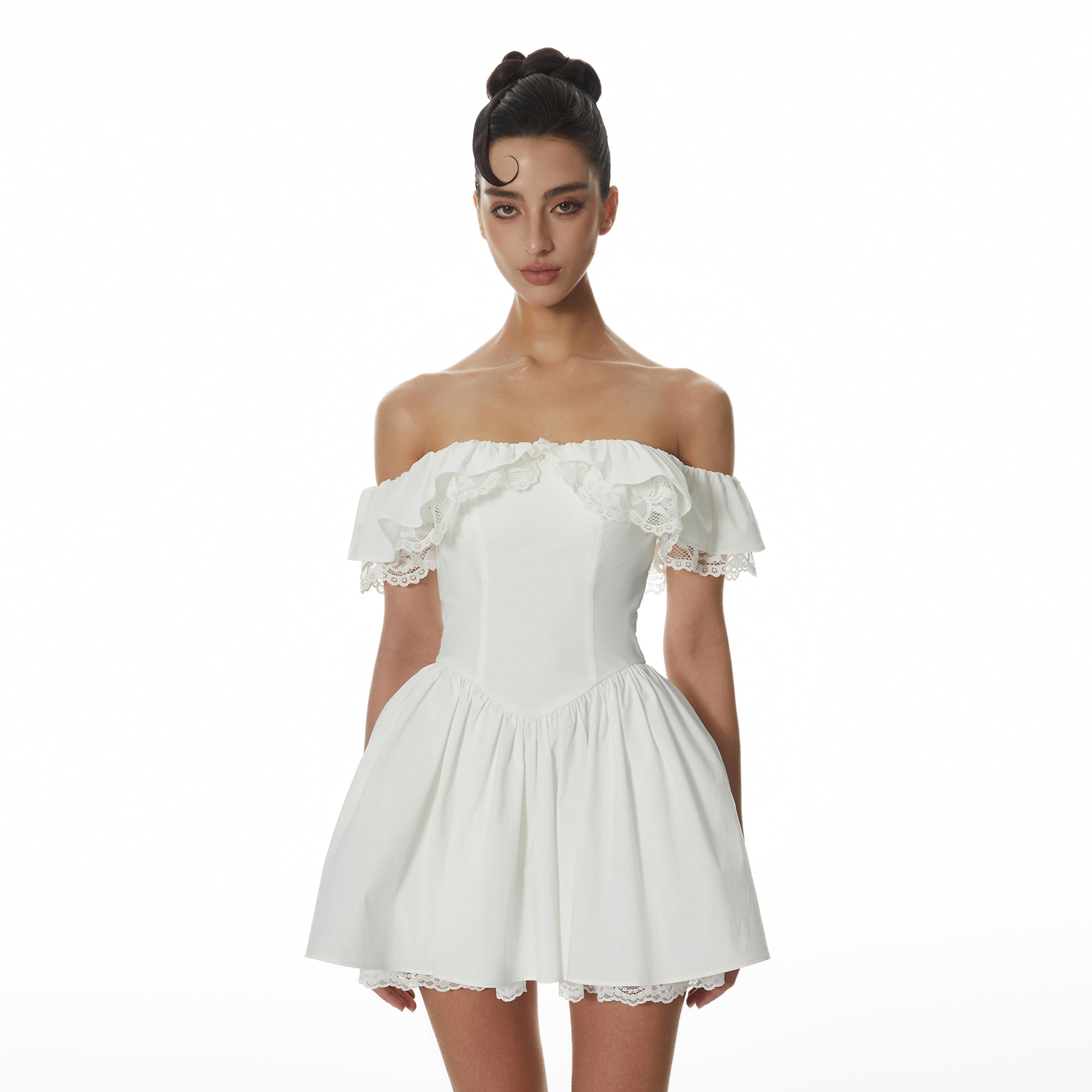 MILLIONLOTUS Lace-Trim Off-Shoulder Corset Mini Dress