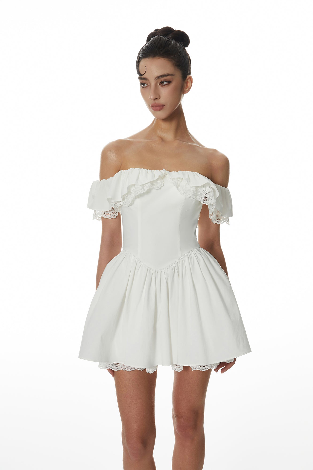 MILLIONLOTUS Lace-Trim Off-Shoulder Corset Mini Dress