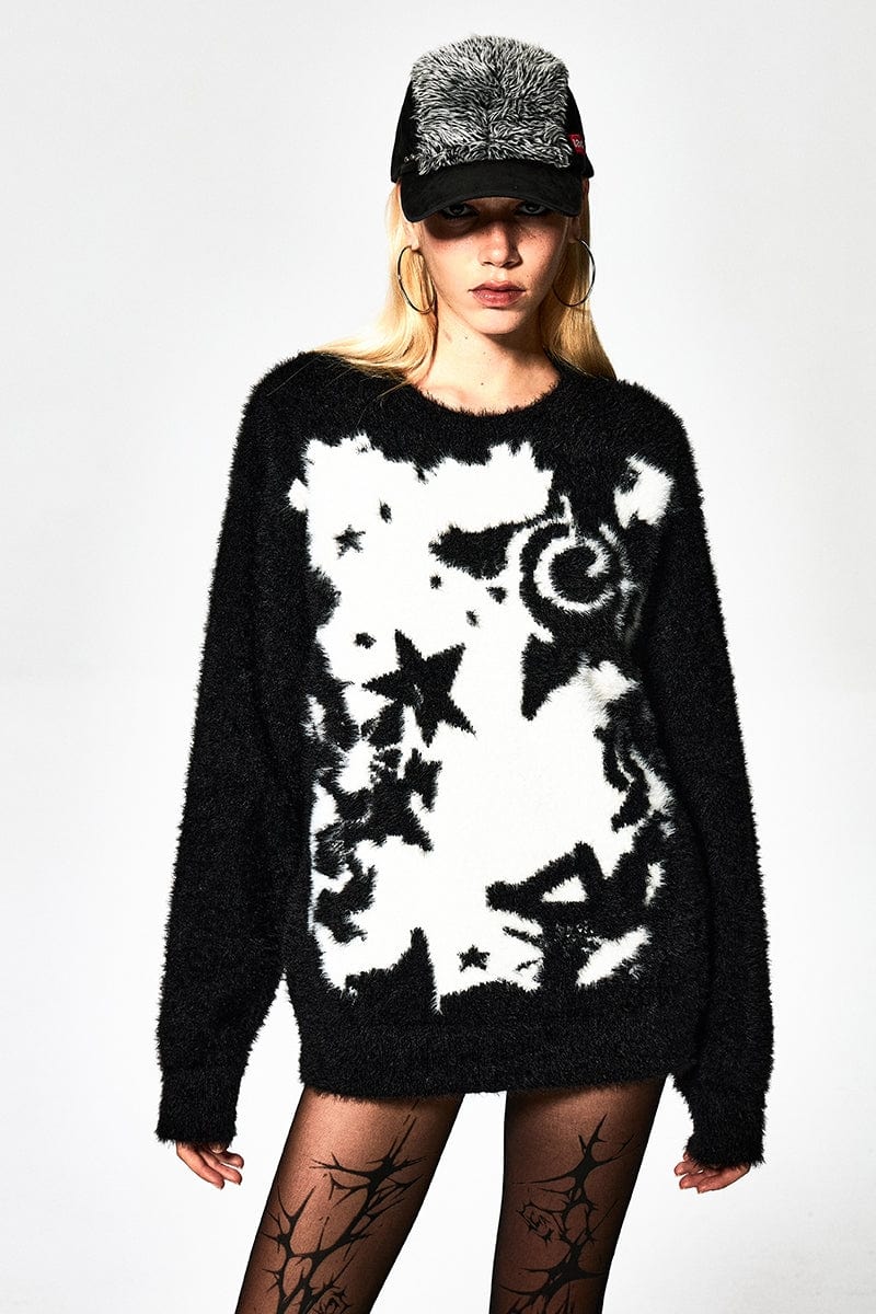 FAYCHUI Contrast Star Jacquard Fuzzy Sweater