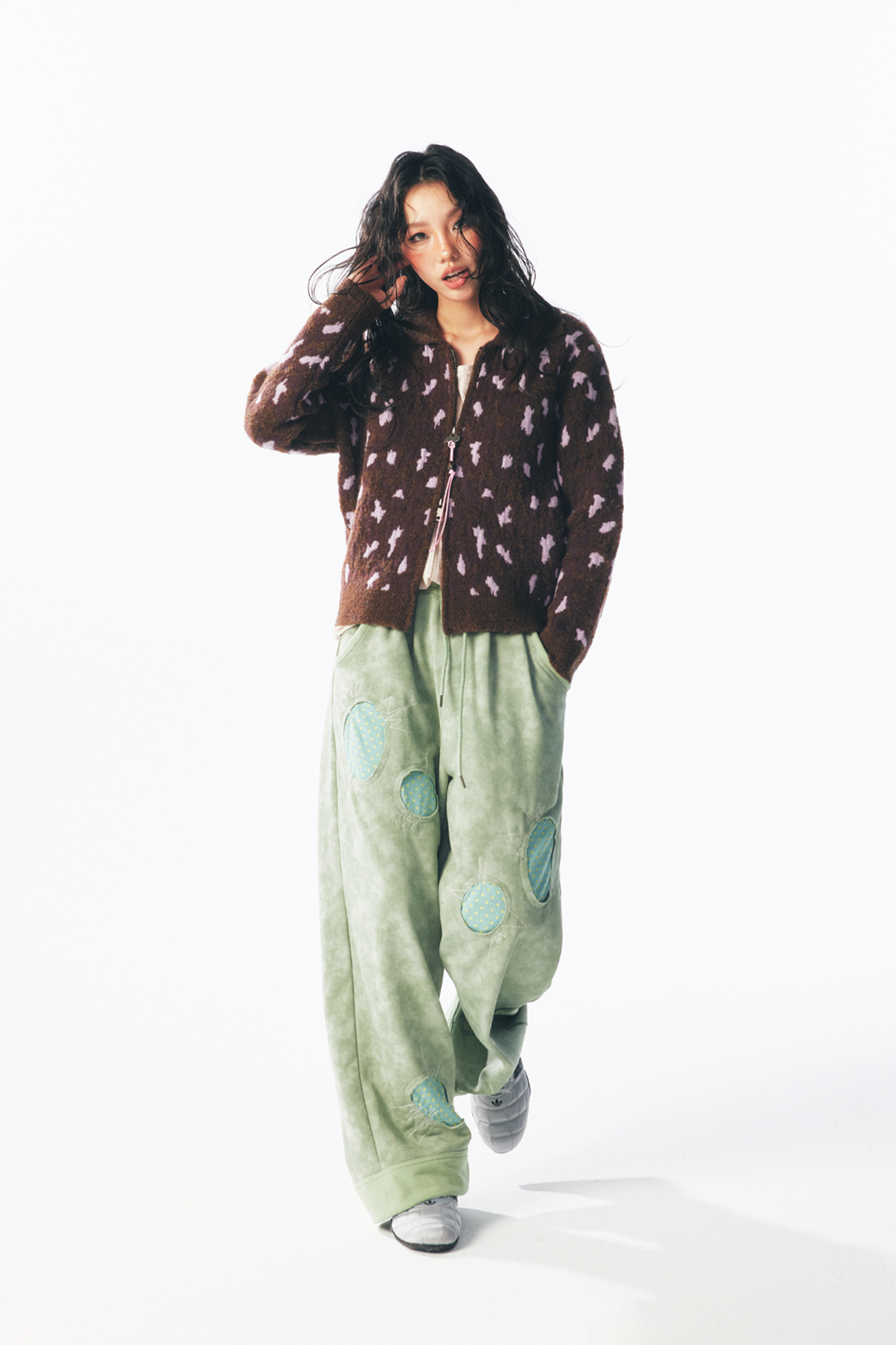 1997 POSTOFFICE Fuzzy Strawberry-Leopard Dual-Zip Knit Jacket