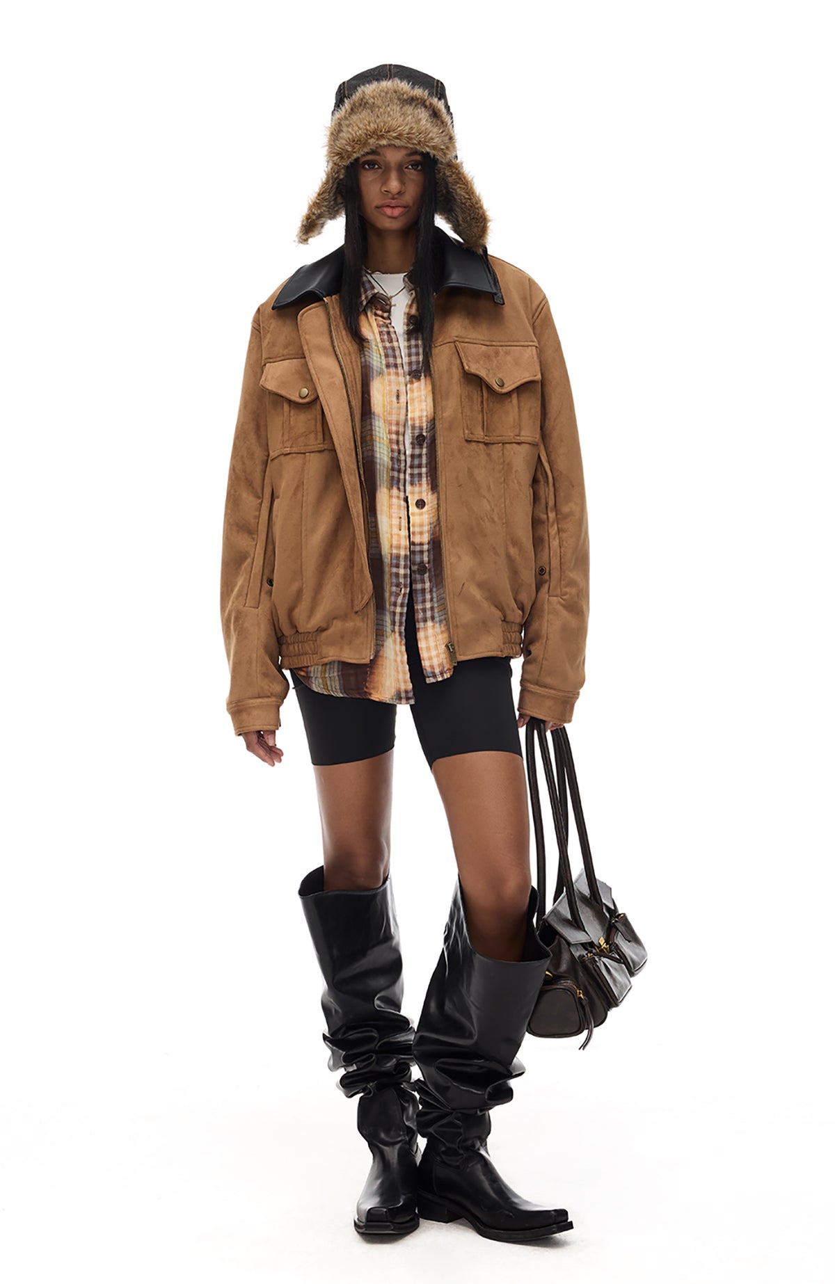 COSTUSTOOT Contrast-Collar Suede Oversized Big-Pocket Jacket