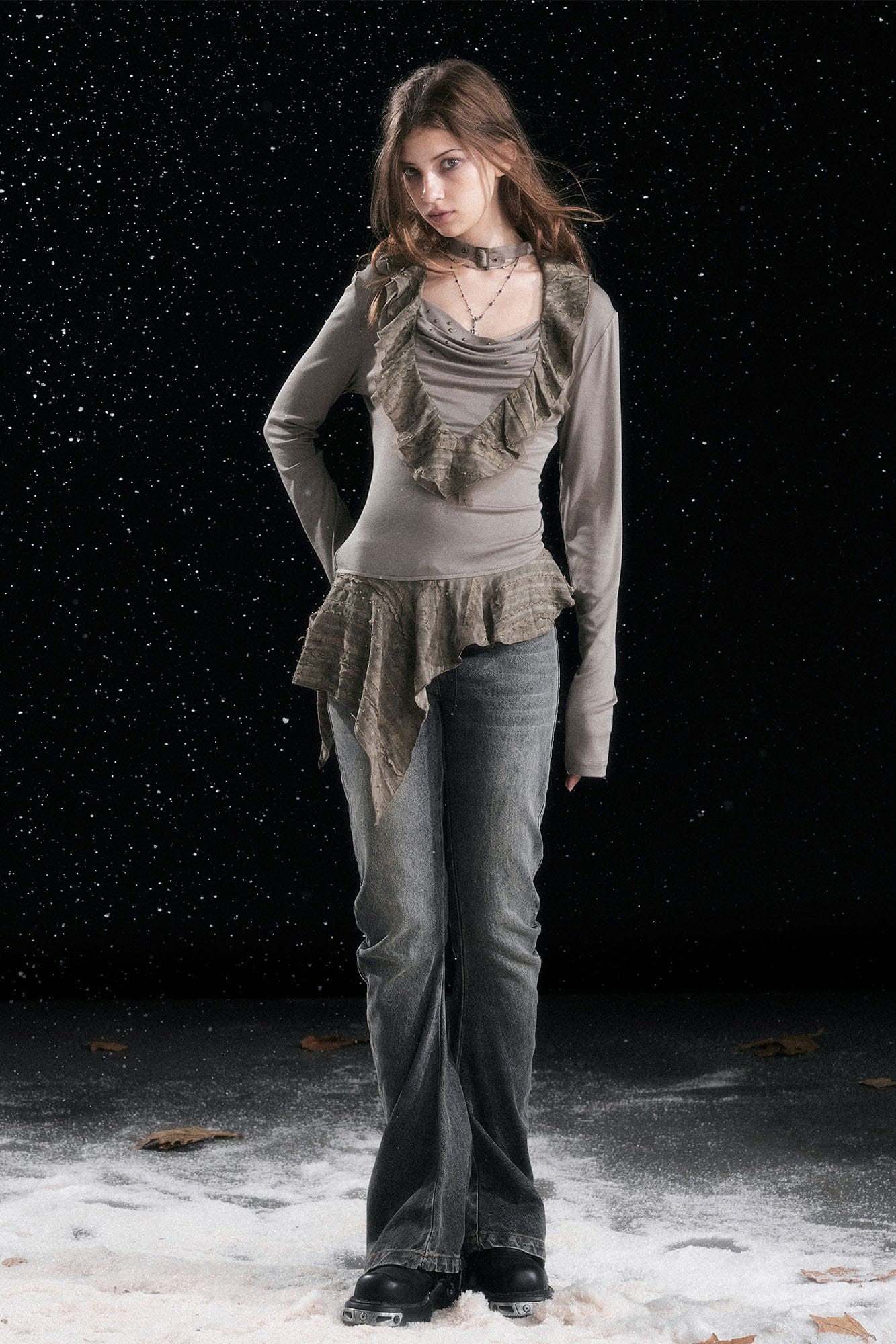 CESTNOUS Studded Ruffled Paneled Top