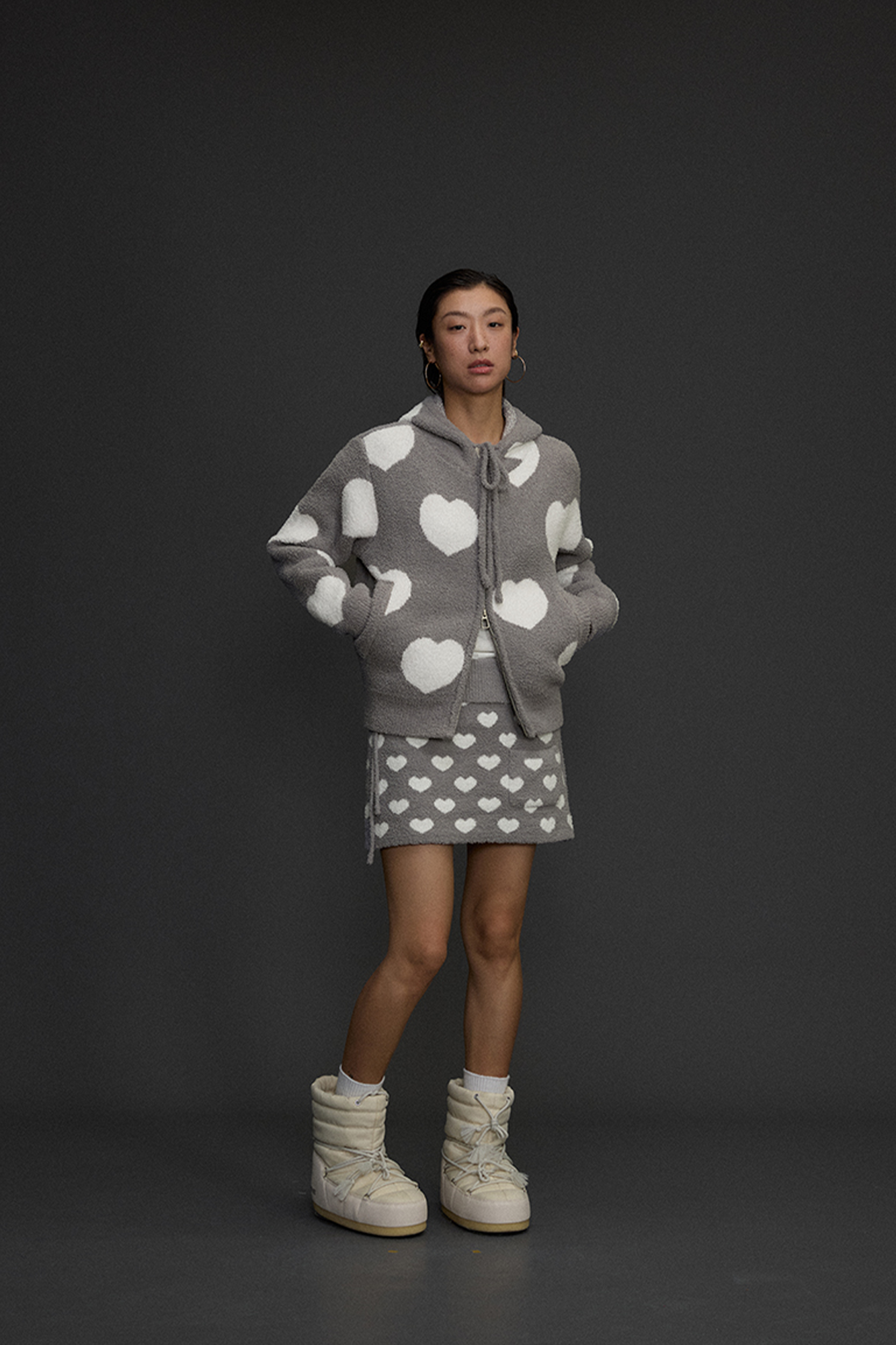 NIANJIUYIKOUER Fuzzy Heart Jacquard Zip-Up Hoodie Cardigan, premium urban and streetwear designers apparel on PROJECTISR.com, NIANJIUYIKOUER