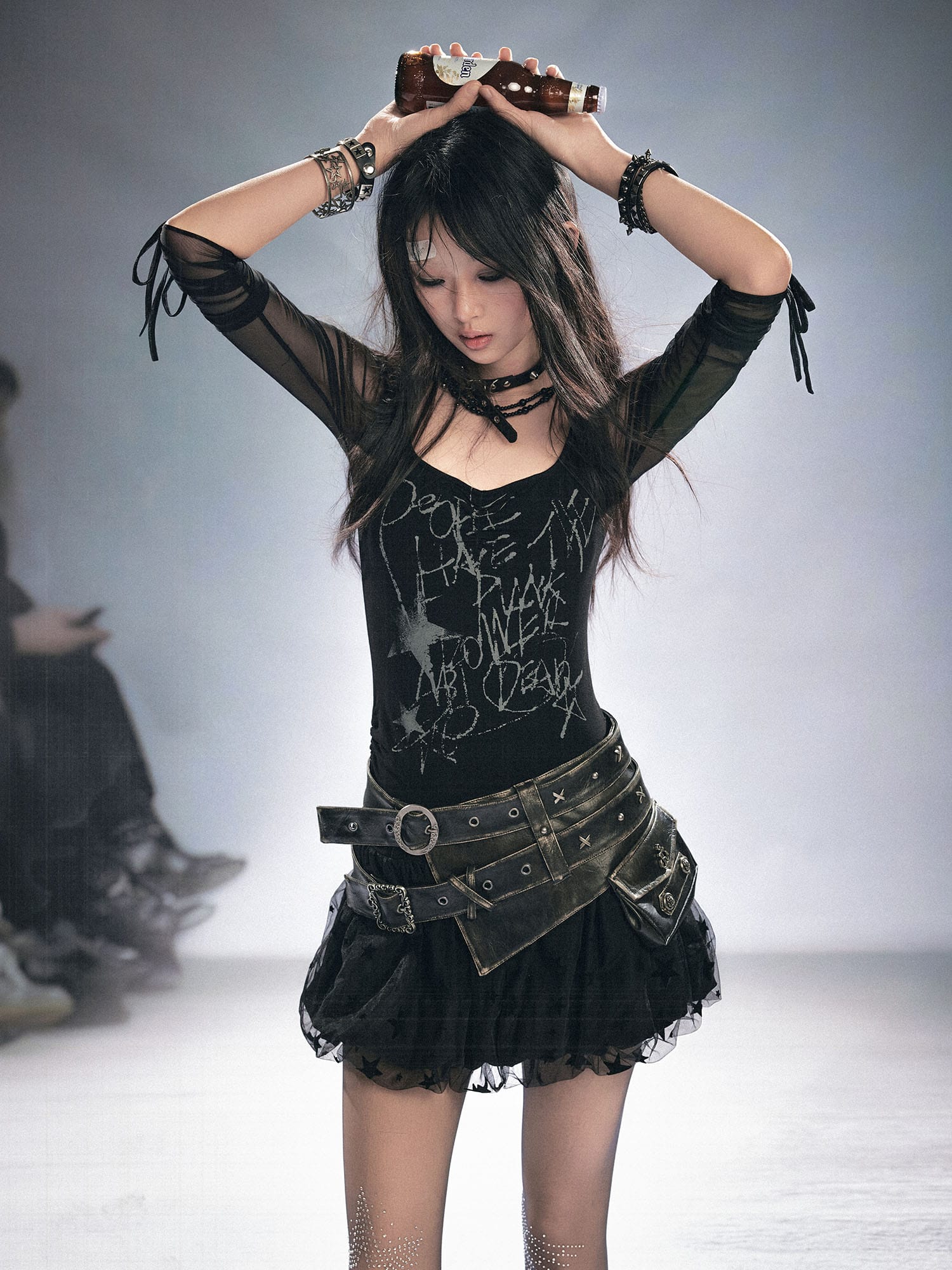 CESTNOUS Sheer-Sleeve Graffiti Mini Dress