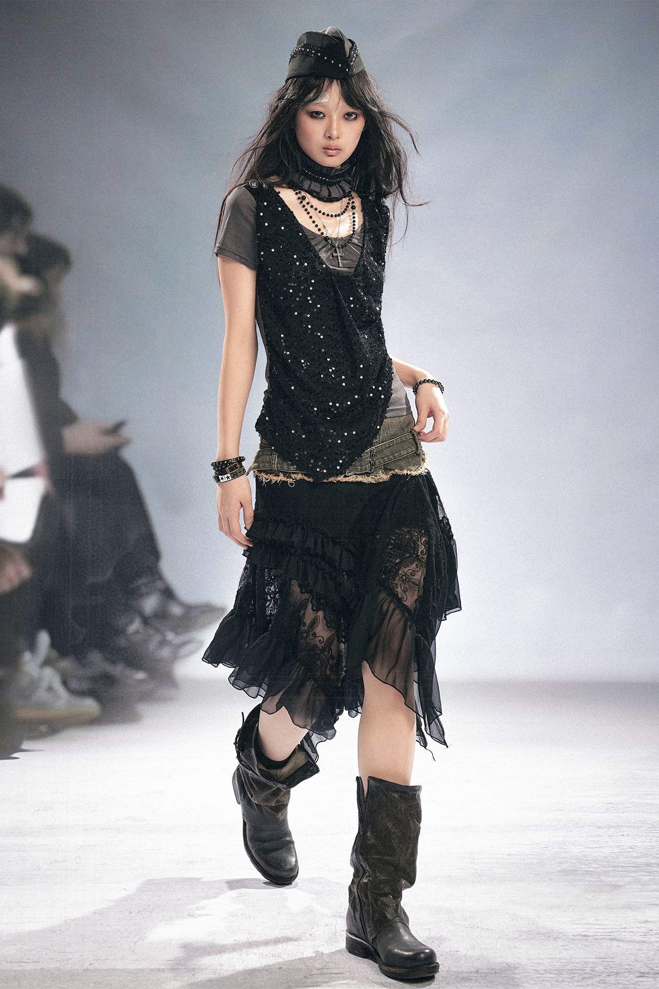 CESTNOUS Denim Belt-Waist Lace Ruffle Asym Skirt