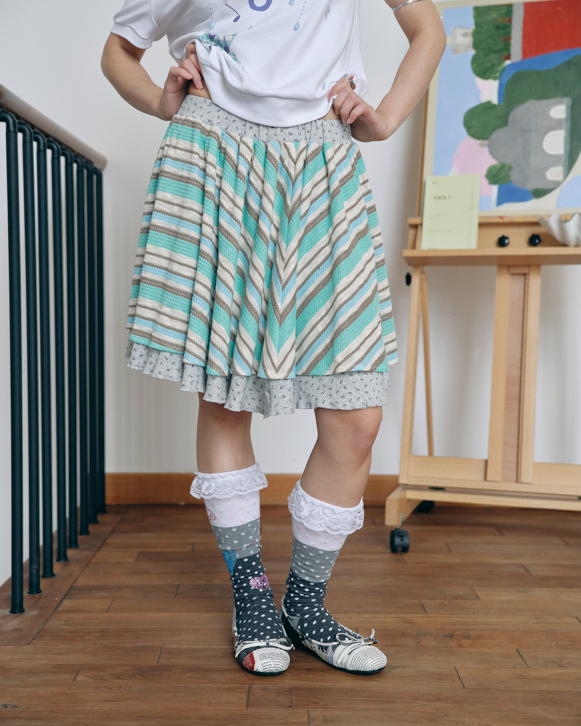 HAVE A MEAL Double-Layer Striped Knit Flared Skirt