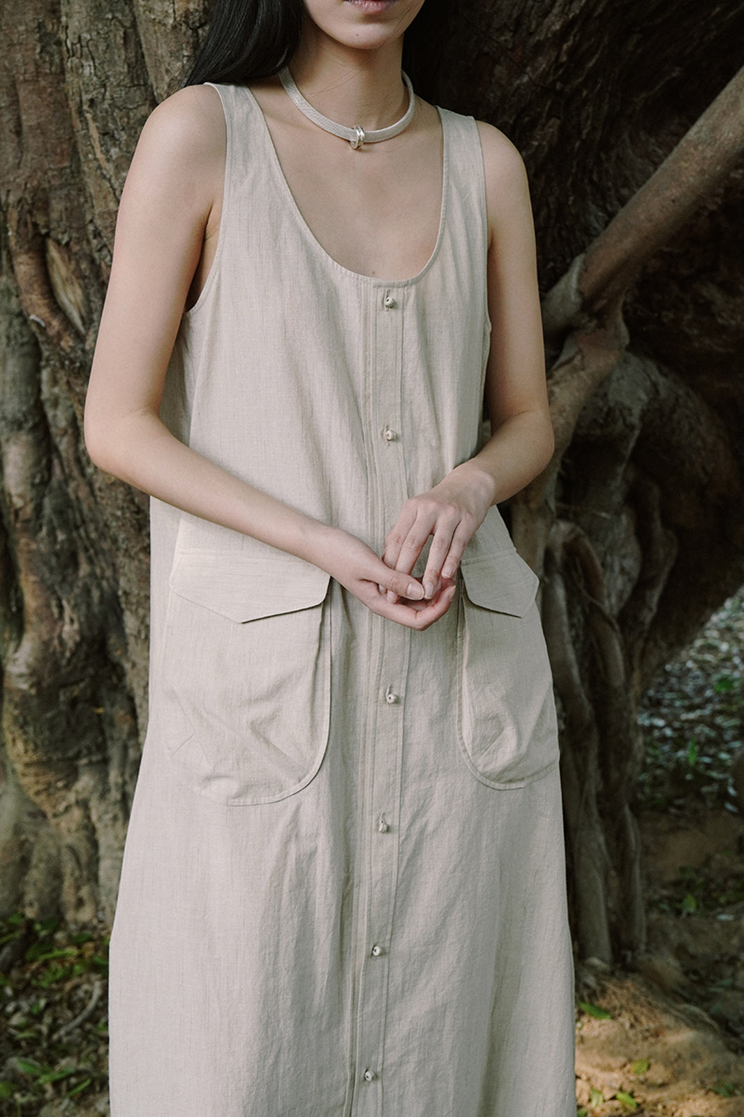 CAIRA Utility Pocket Button-Front Maxi Dress