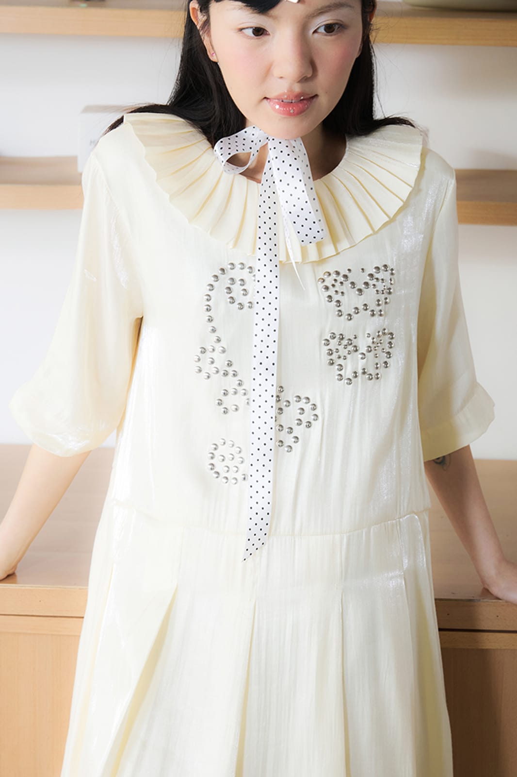 UNSOCIAL NIGHT Studded Graphic Pleated-Collar Shift Dress
