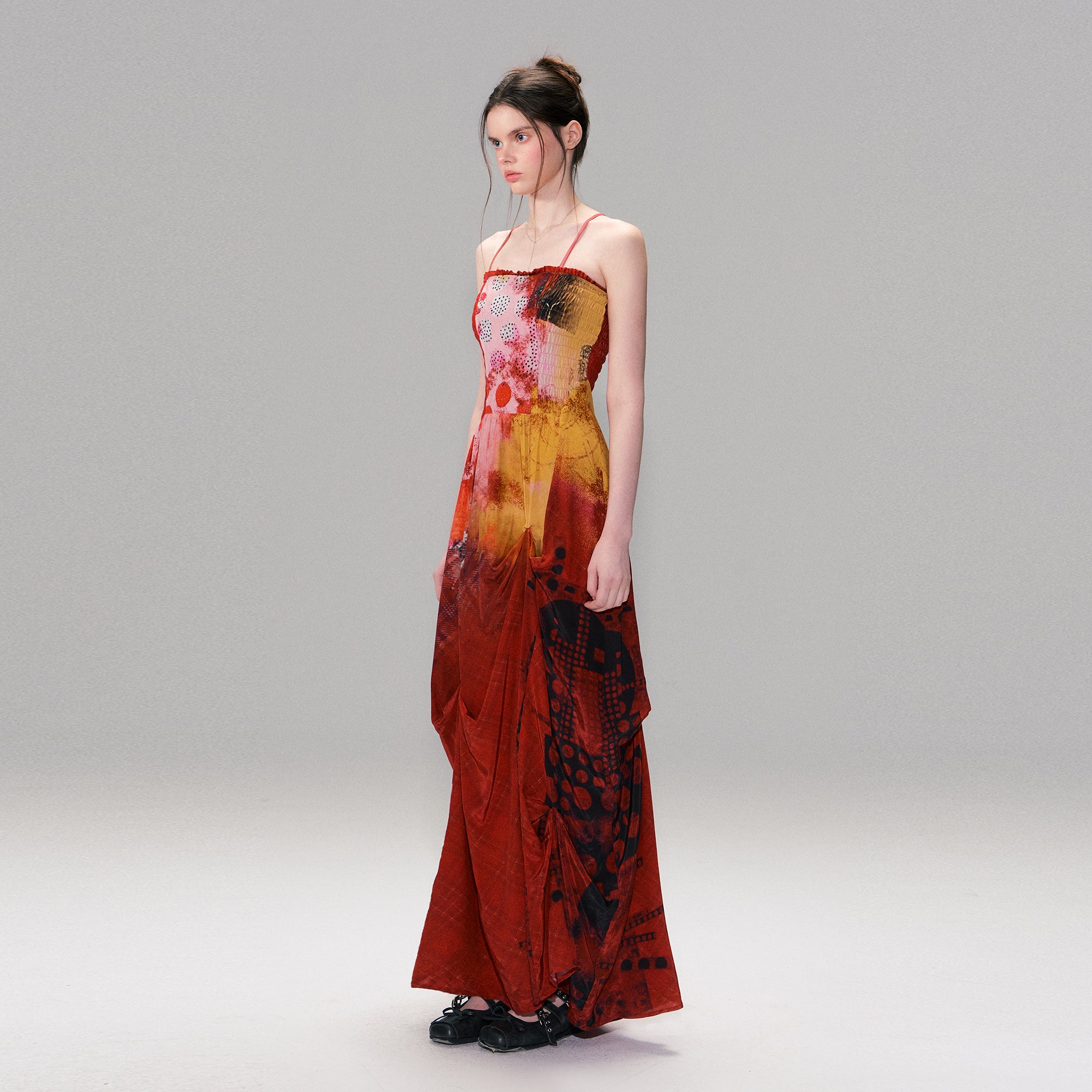 THE NEVERMORE Asymmetric Shirred Spliced Maxi Dress