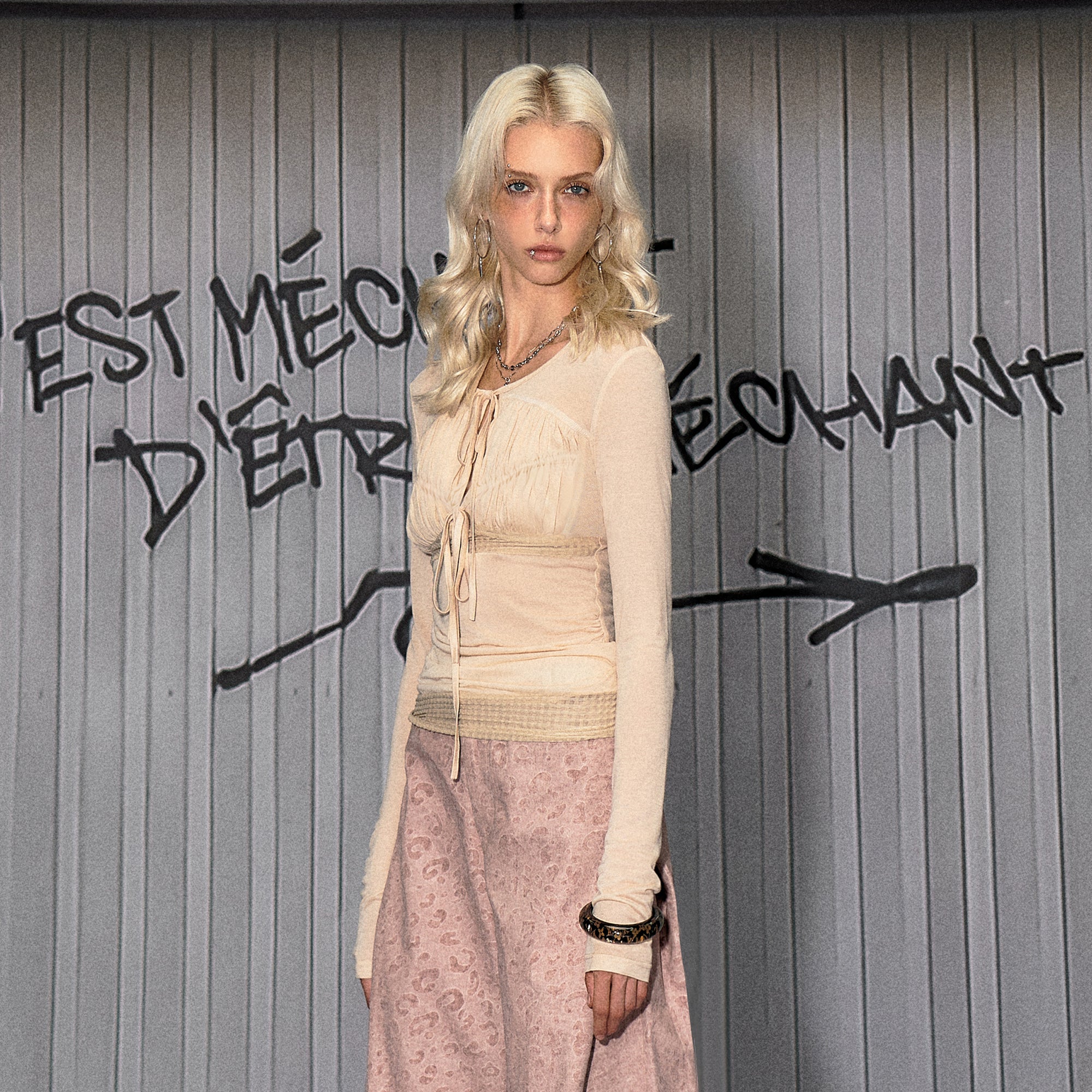 THE NEVERMORE Drawstring Ruched Mesh Paneled Top