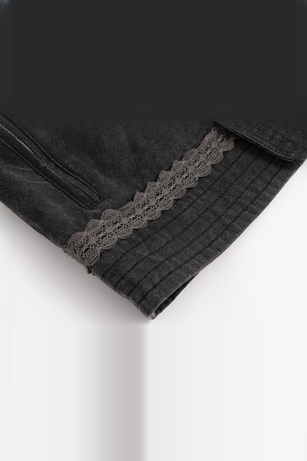 CESTNOUS Washed Lace-Trimmed Napoleon Collar Military Jacket — flat-lay detail · Washed Black