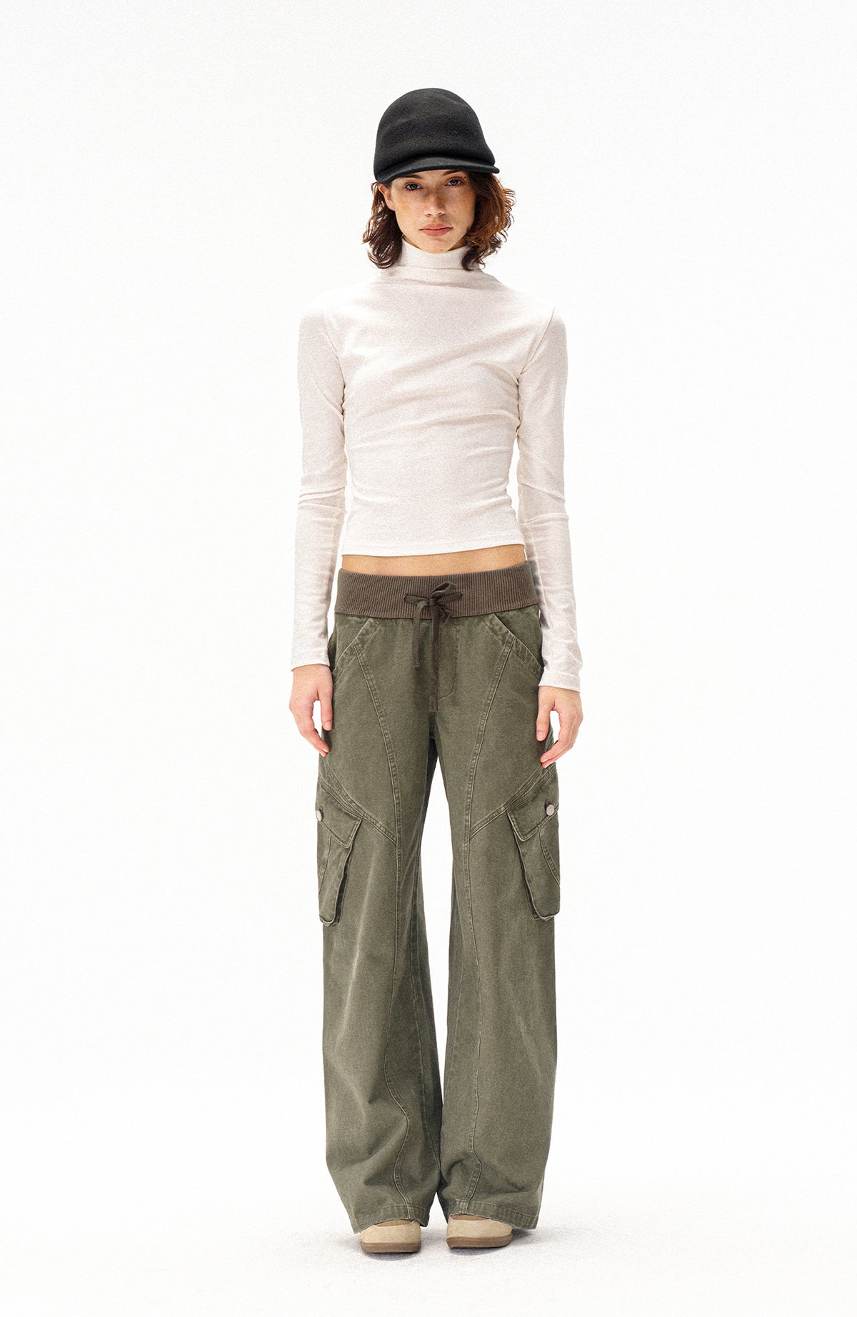 COSTUSTOOT Multi-Pocket Washed Distressed Ribbed Waist Cargo Pants