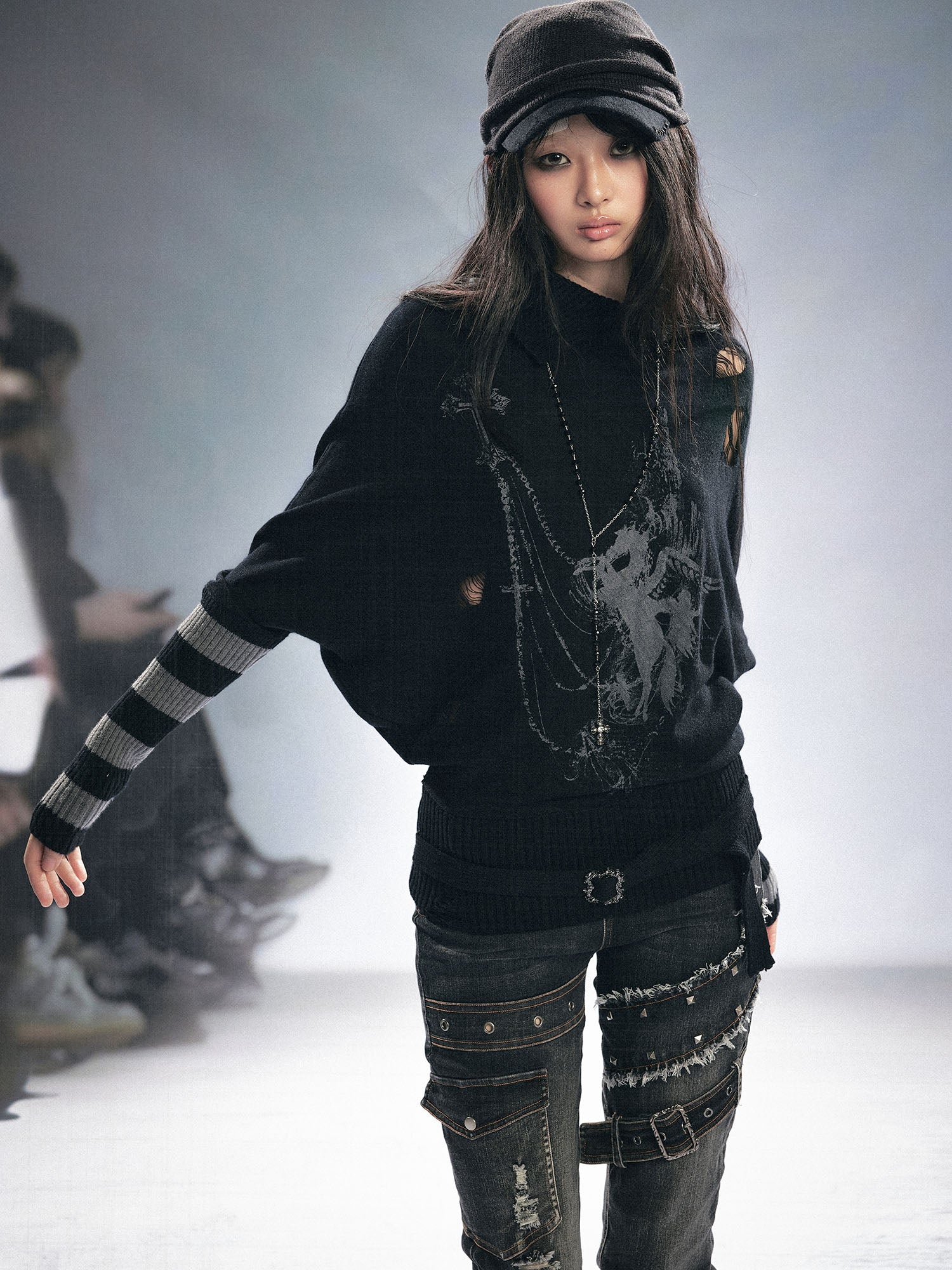 CESTNOUS Gothic Graphic Striped Bat-Sleeve Sweater