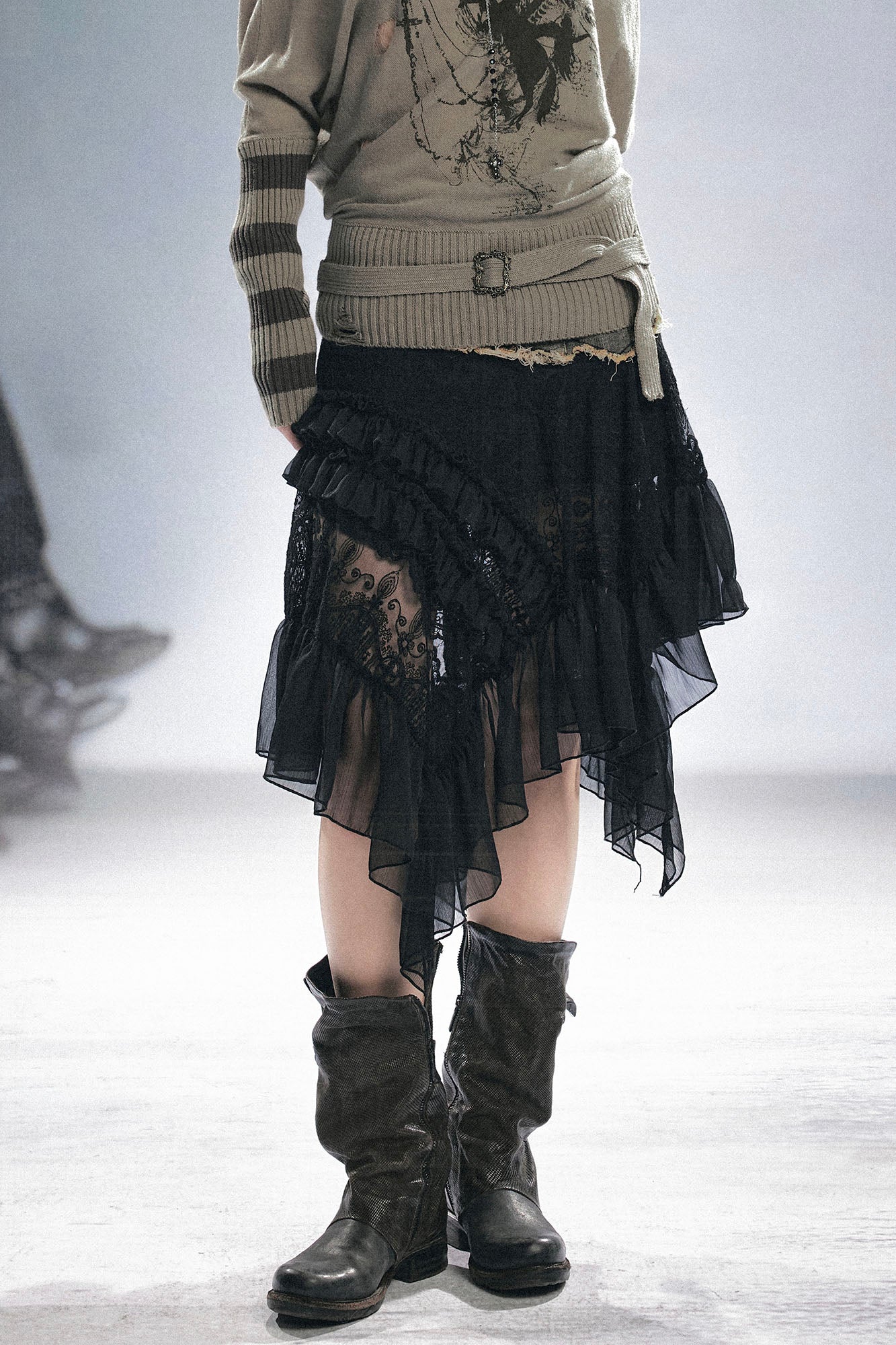 CESTNOUS Denim Belt-Waist Lace Ruffle Asym Skirt