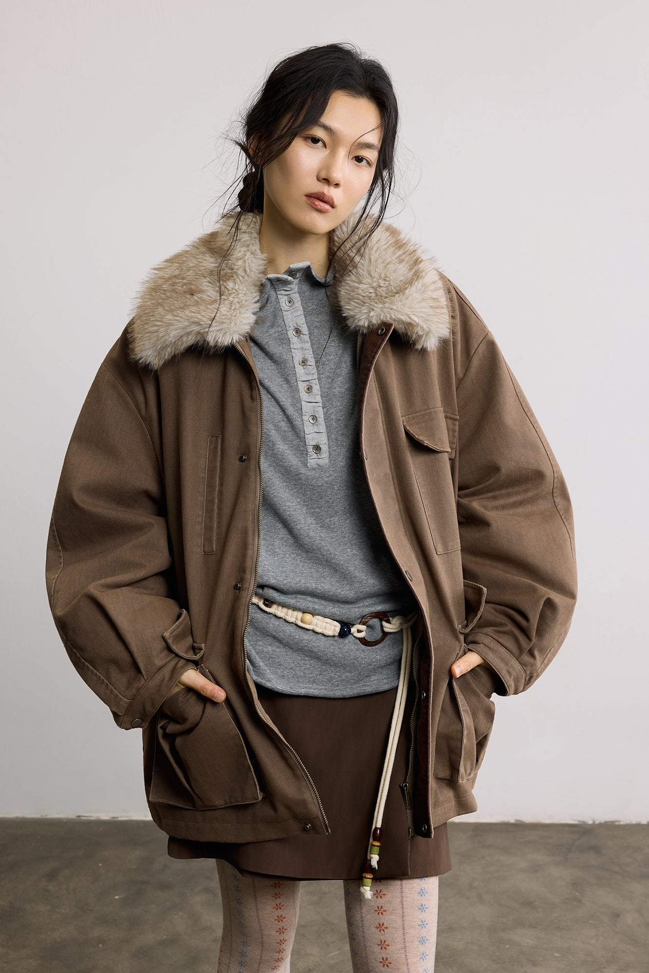 SAME FLOW Faux Fur Collar Oversized Utility Jacket