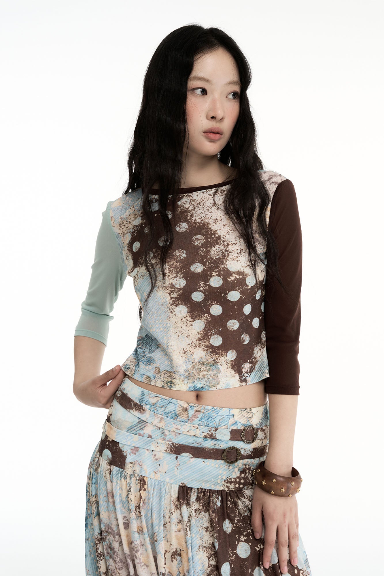 CONFUN Contrast Spliced Floral Long-Sleeve Tee