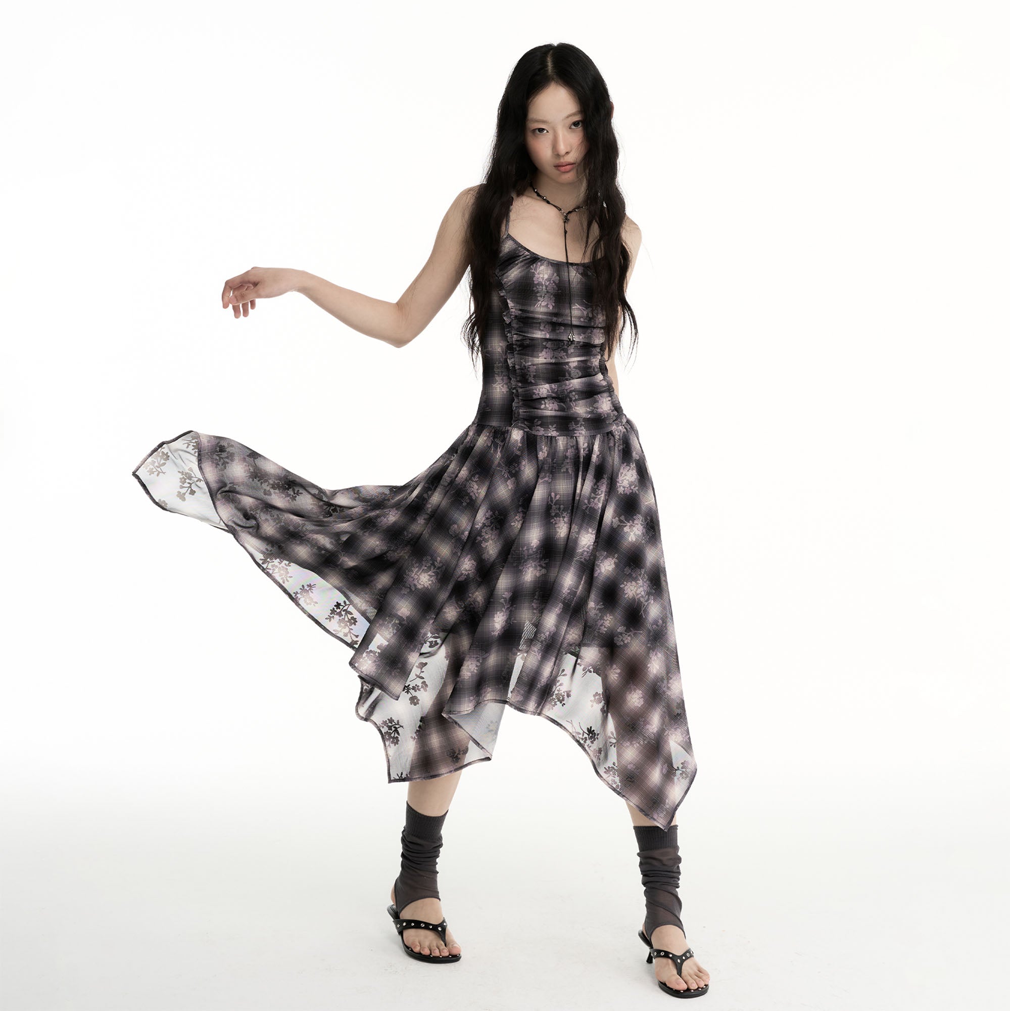 CONFUN Asymmetrical Plaid Midi Dress
