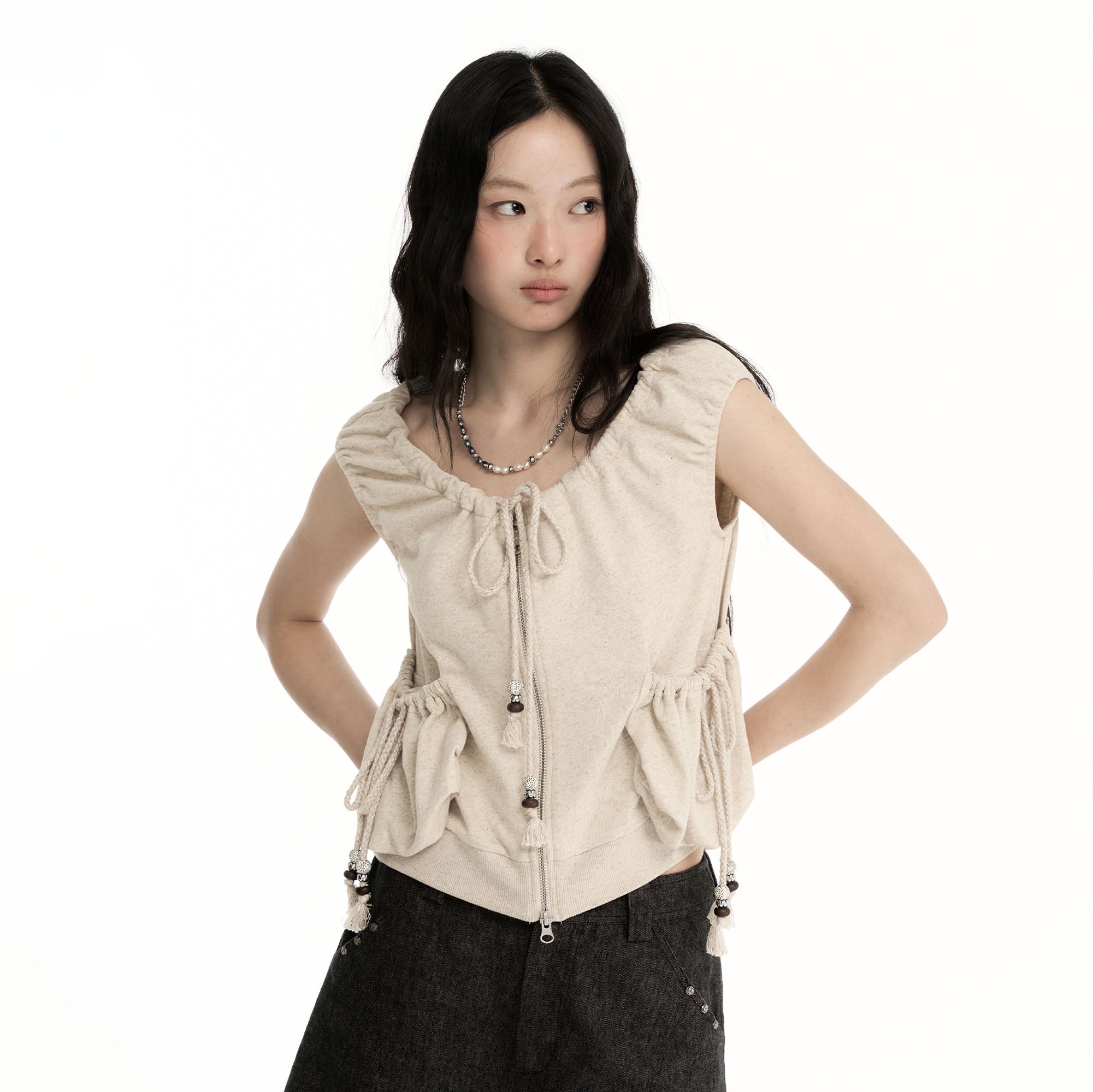 CONFUN Ruched Drawstring Zip-Up Top