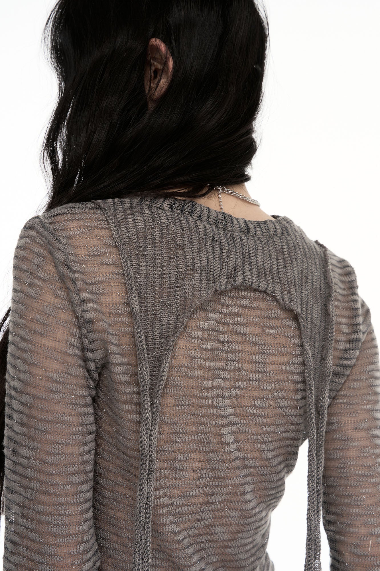 CONFUN Sheer Striped Long-Sleeve Polo Tee