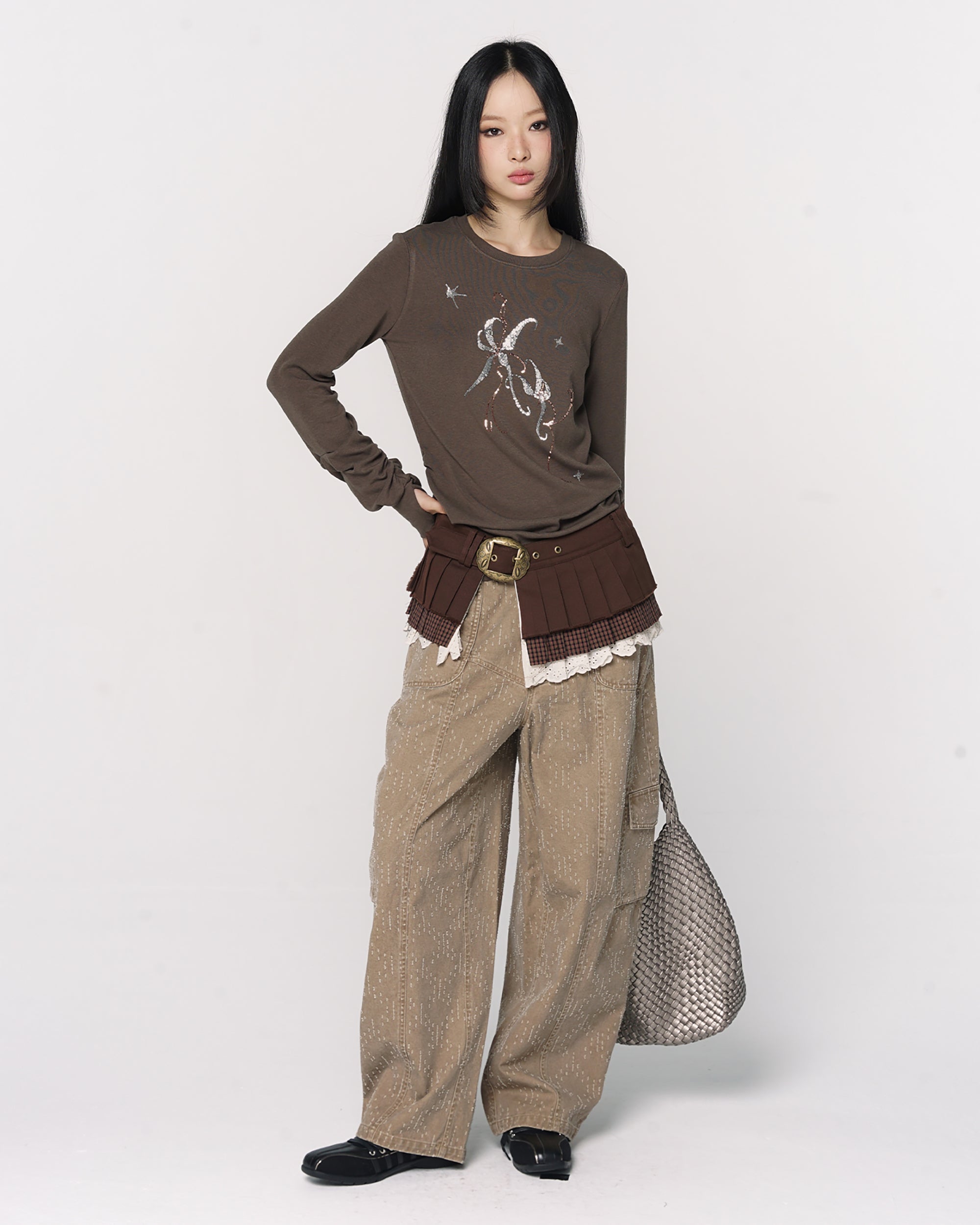 CONFUN Sequin Embroidered Ruched Long-Sleeve Tee