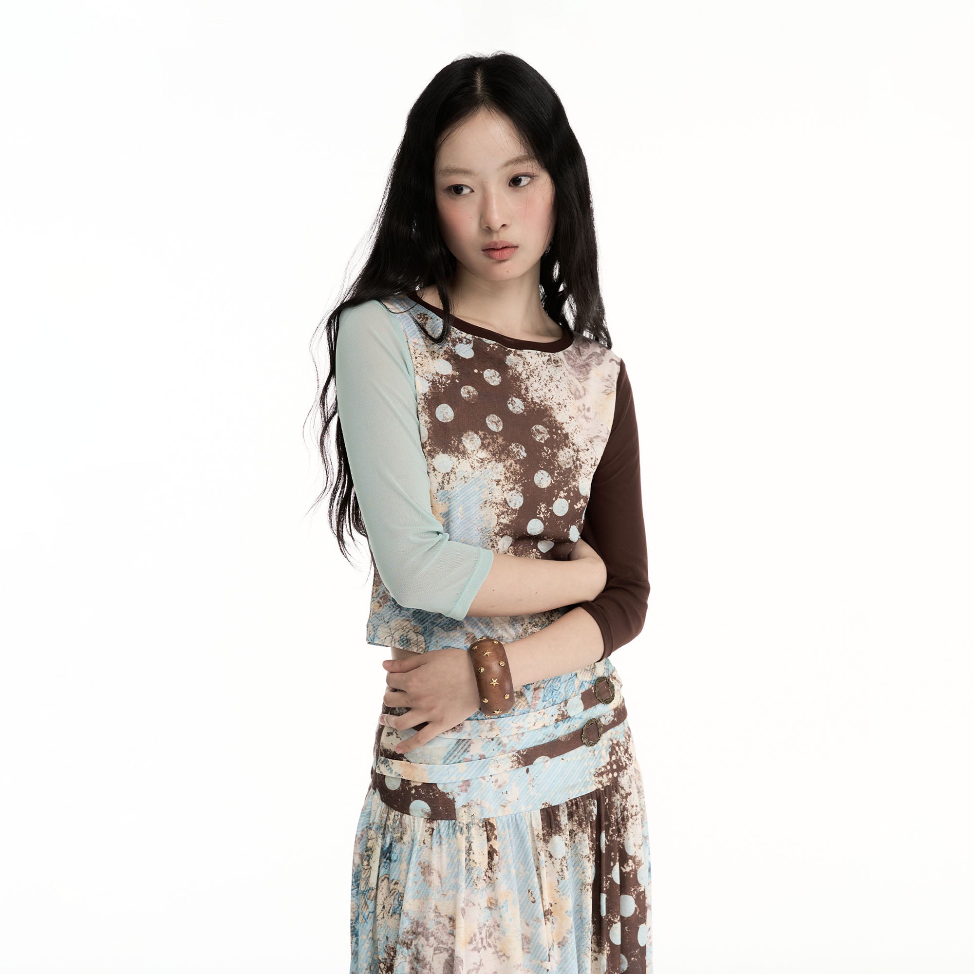CONFUN Contrast Spliced Floral Long-Sleeve Tee